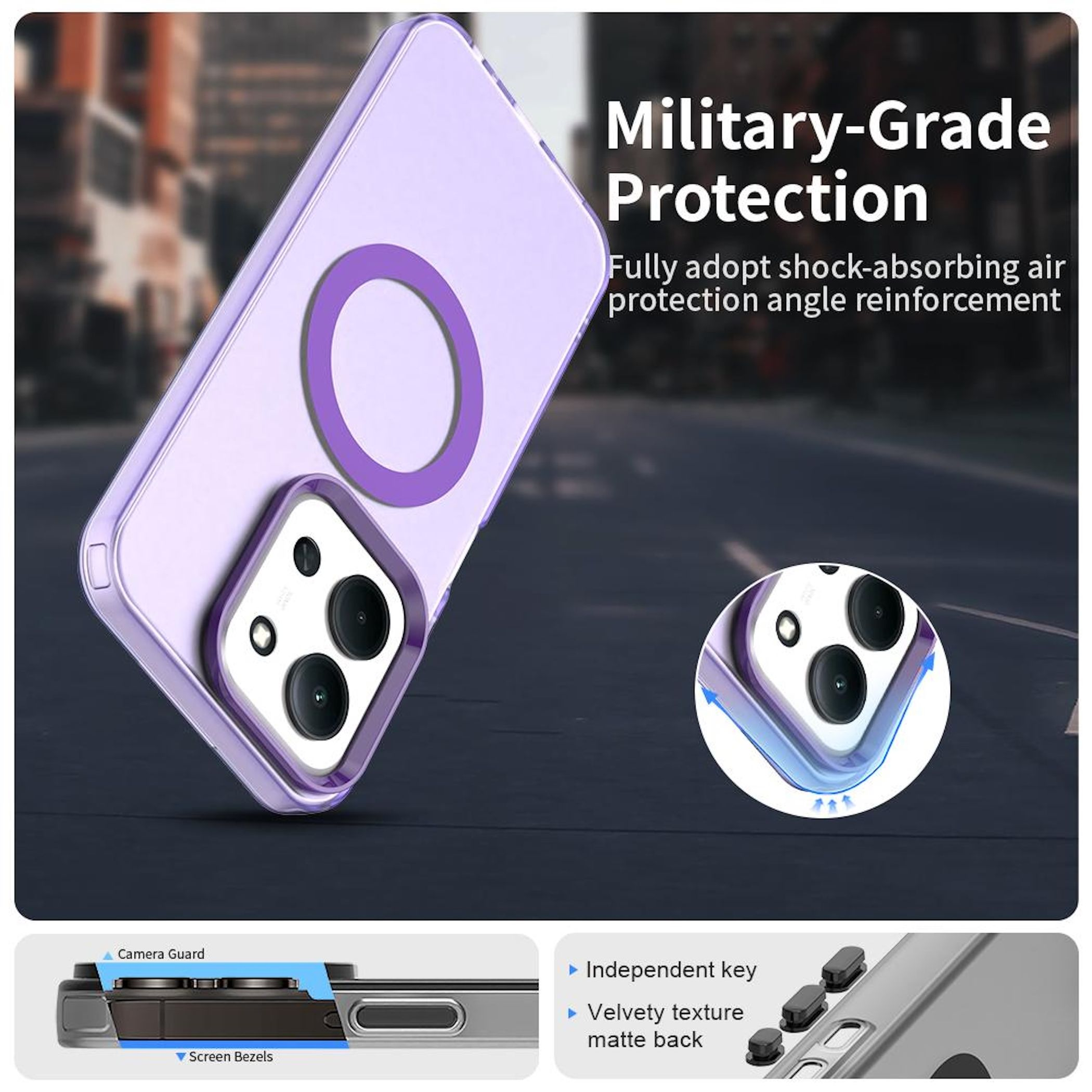 Se muestra una funda de teléfono, con la descripción 'Military-Grade Protection'. Tiene un anillo morado y un protector de cámara.