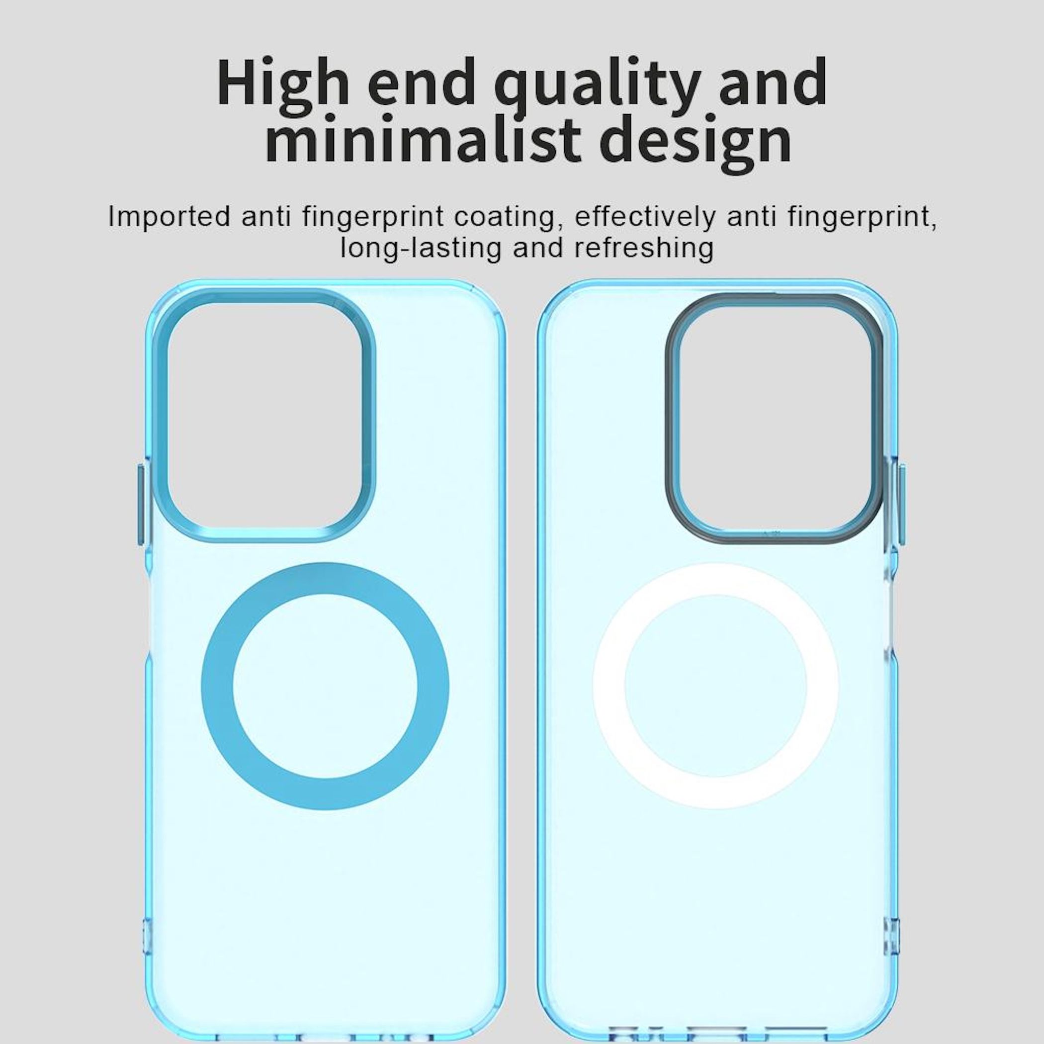 Zwei Handyhüllen mit blauen Akzenten. Oben steht 'Hochwertige Qualität und minimalistisches Design'.