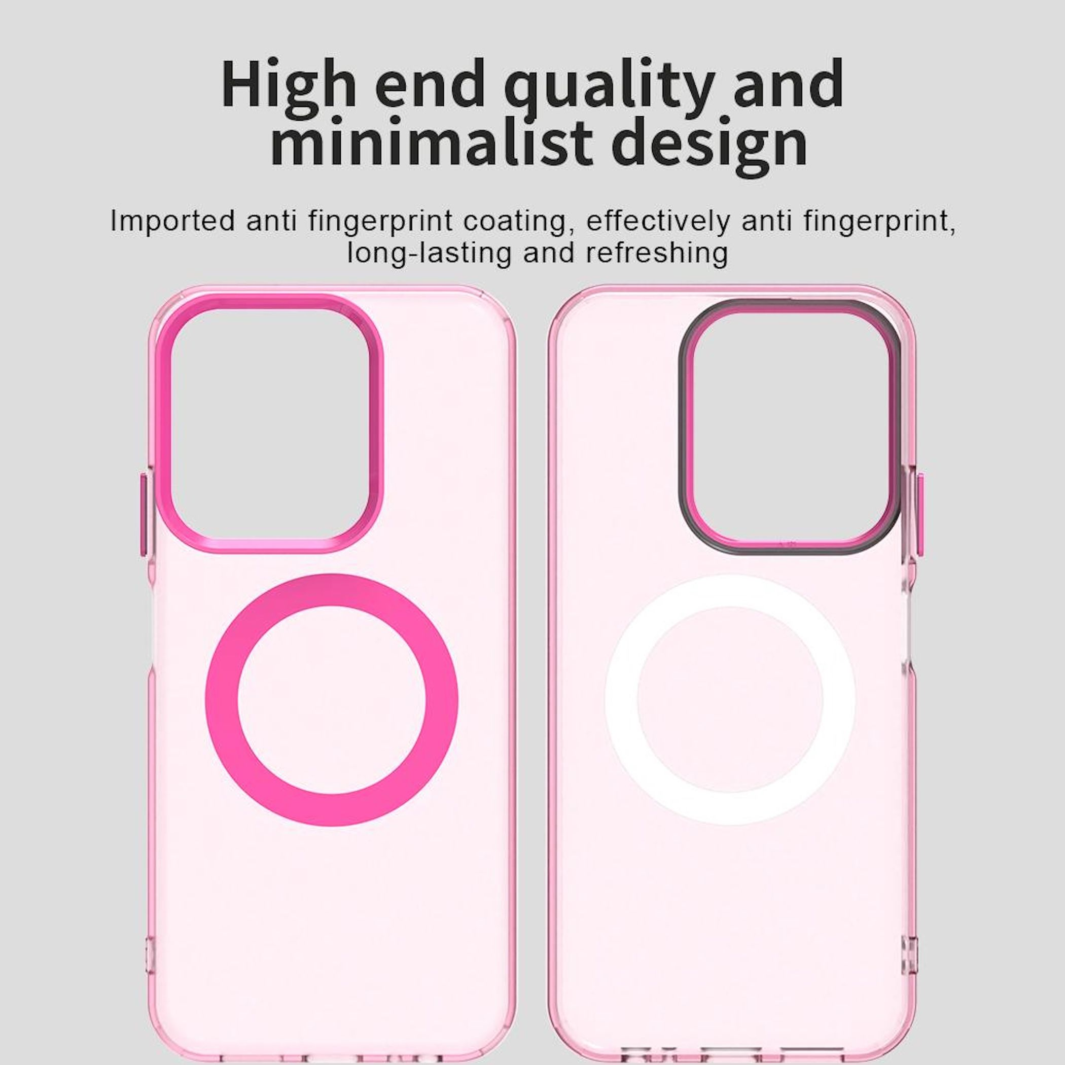 Zwei Handyhüllen, eine rosa und eine weiße. Beide haben einen Ring in der Mitte und um die Kamera. Text: Hochwertige Qualität.