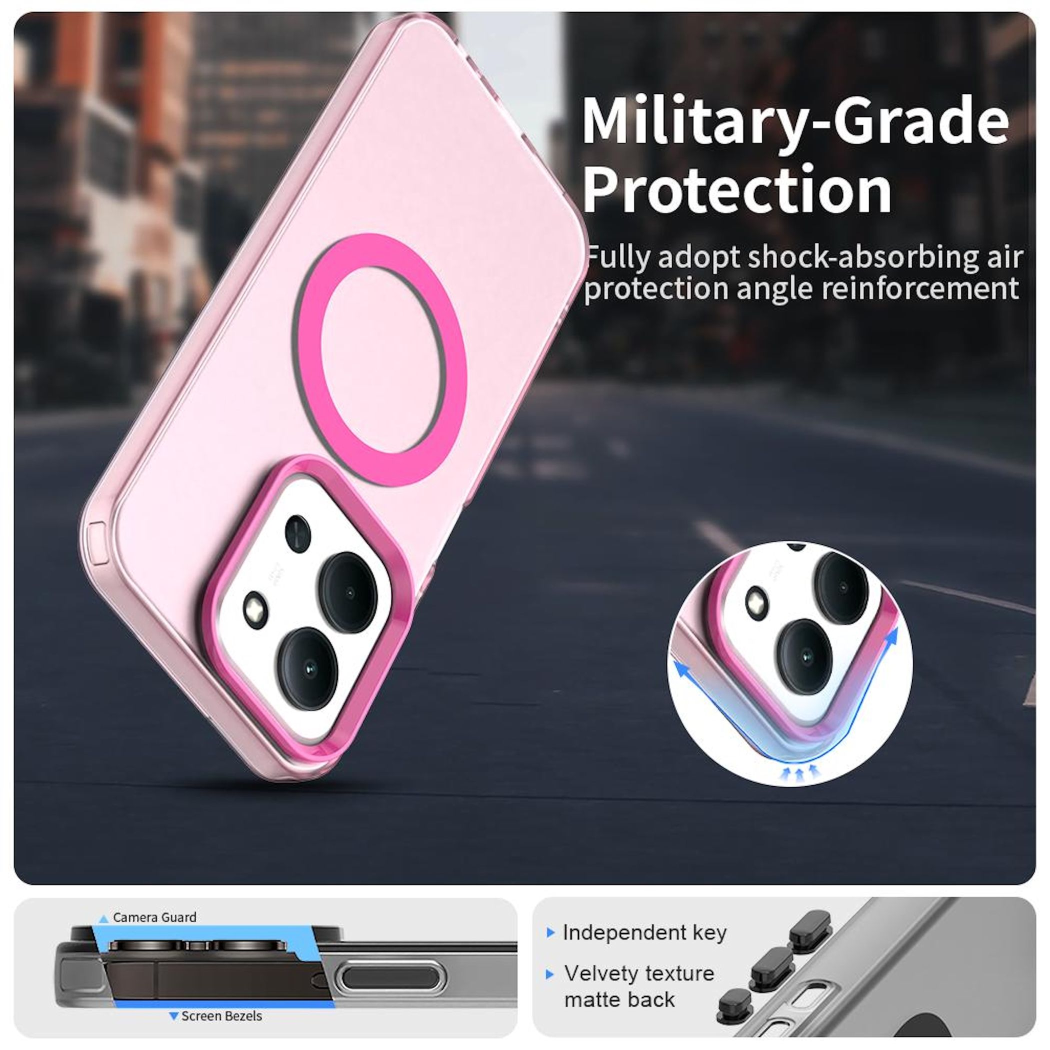 Eine rosa Handyhülle mit einem Ring, Text mit der Aufschrift Military-Grade Protection und Diagramme von Telefonfunktionen.