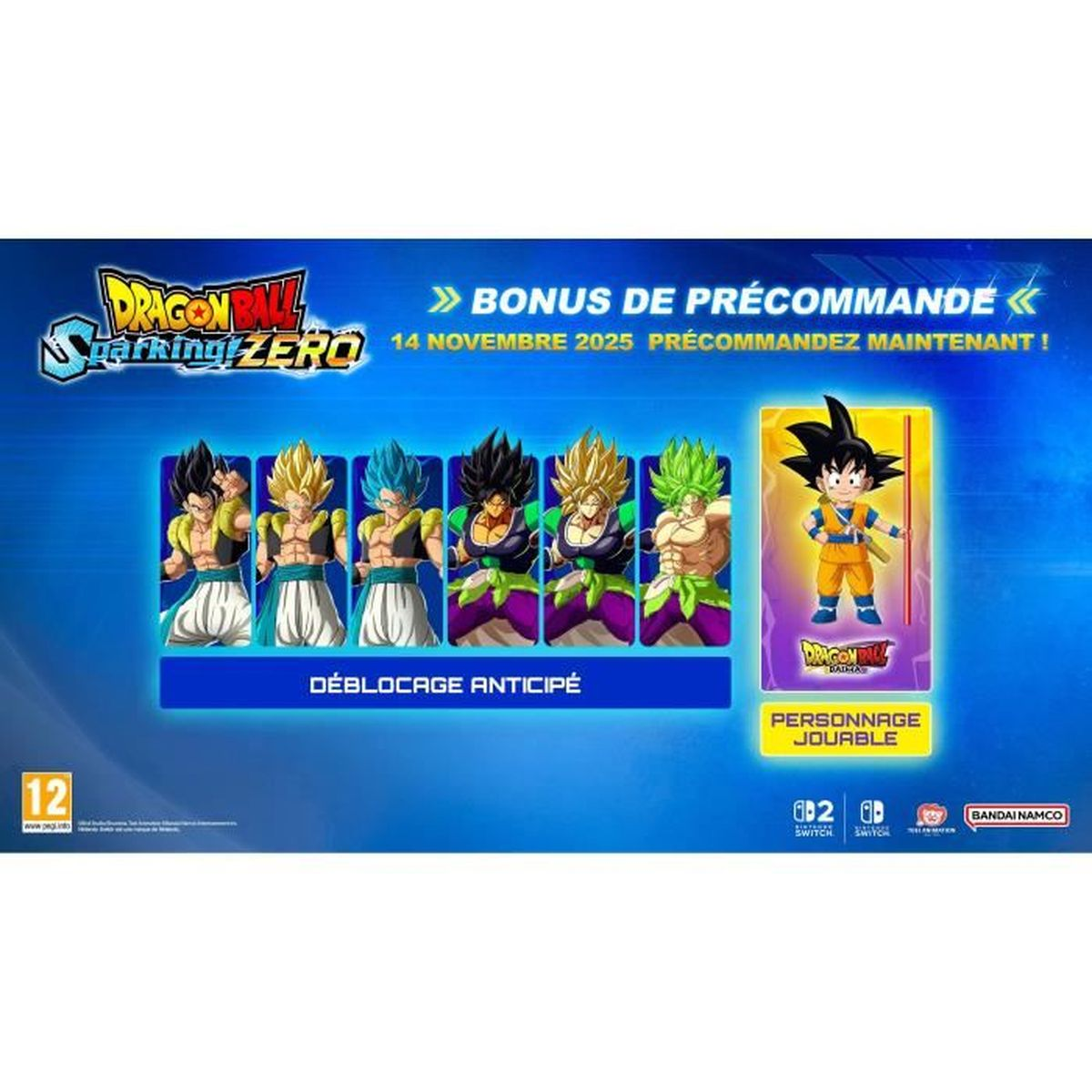 Okładka gry wideo Dragon Ball z postaciami. Reklamuje bonus za zamówienie przedpremierowe i grywalną postać Goku.