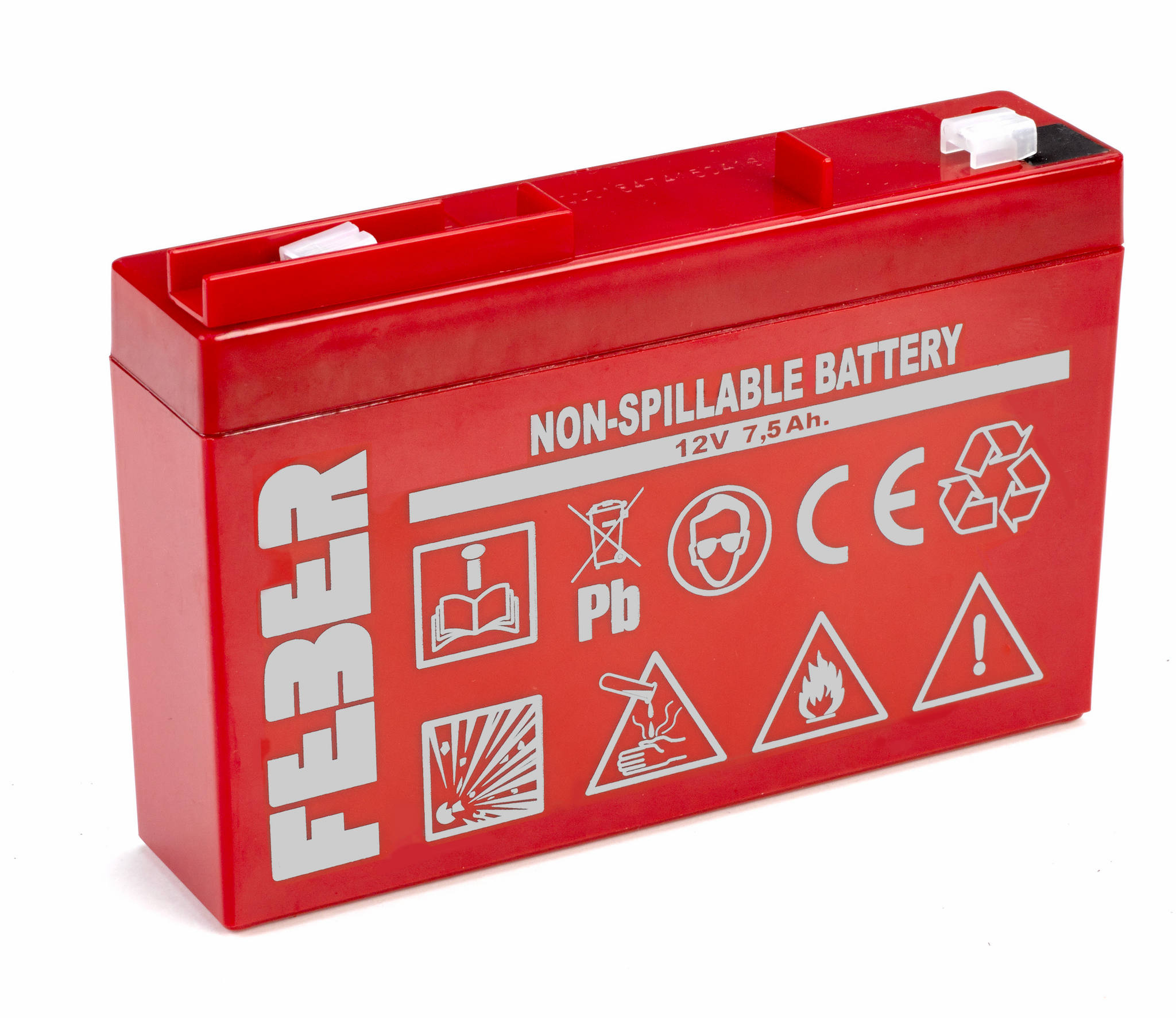 Una batteria rossa rettangolare con testo e simboli bianchi. C'è scritto 'NON-SPILLABLE BATTERY' e presenta vari simboli di avvertimento.