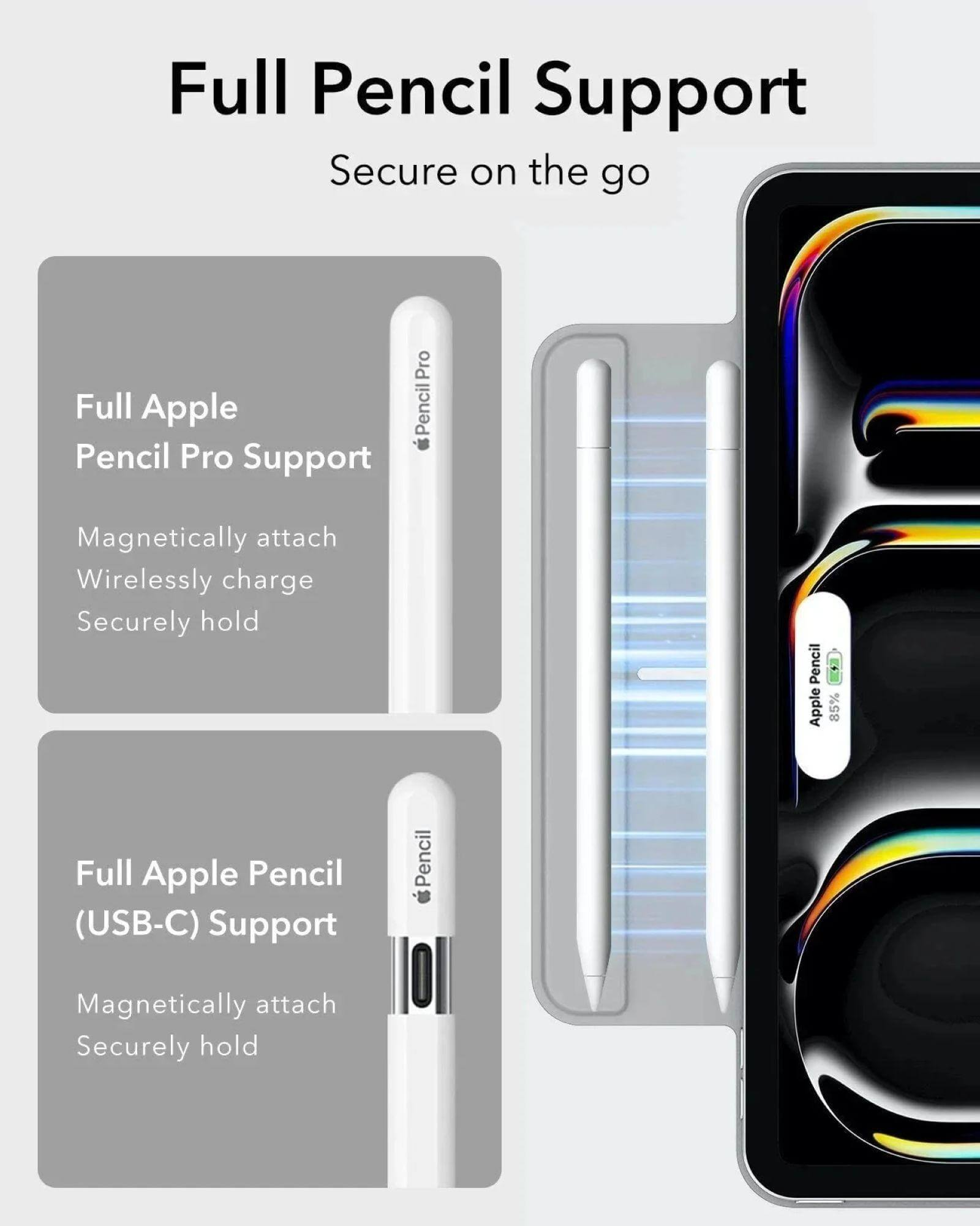 Das Bild zeigt Apple Pencils und ein iPad. Der Text hebt die Stiftunterstützung, das kabellose Laden und das sichere Halten hervor.