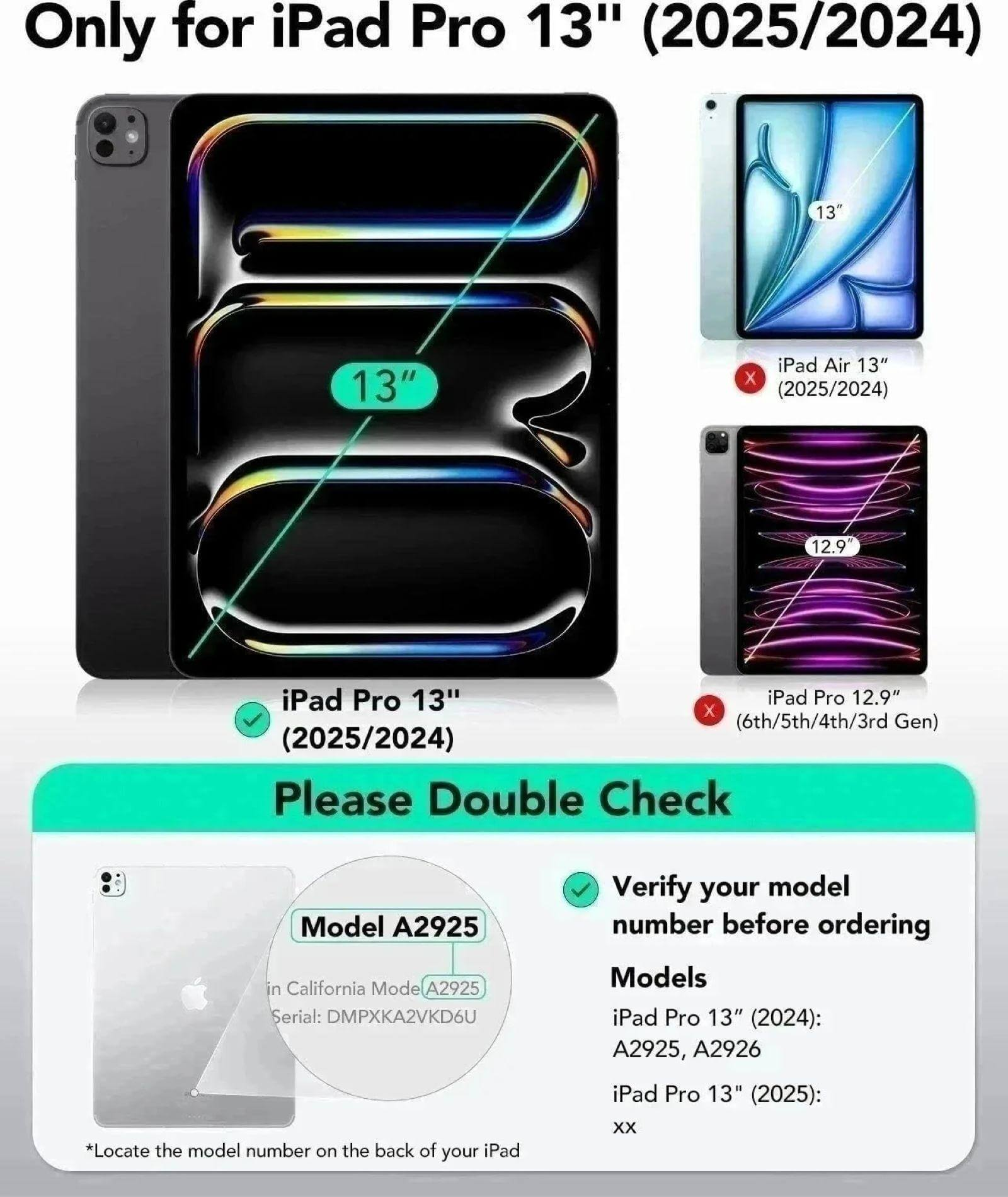 Das Bild zeigt iPad Pro 13 Zoll Modelle mit Größenvergleichen. Enthält Modellnummern und Verifizierungshinweise.