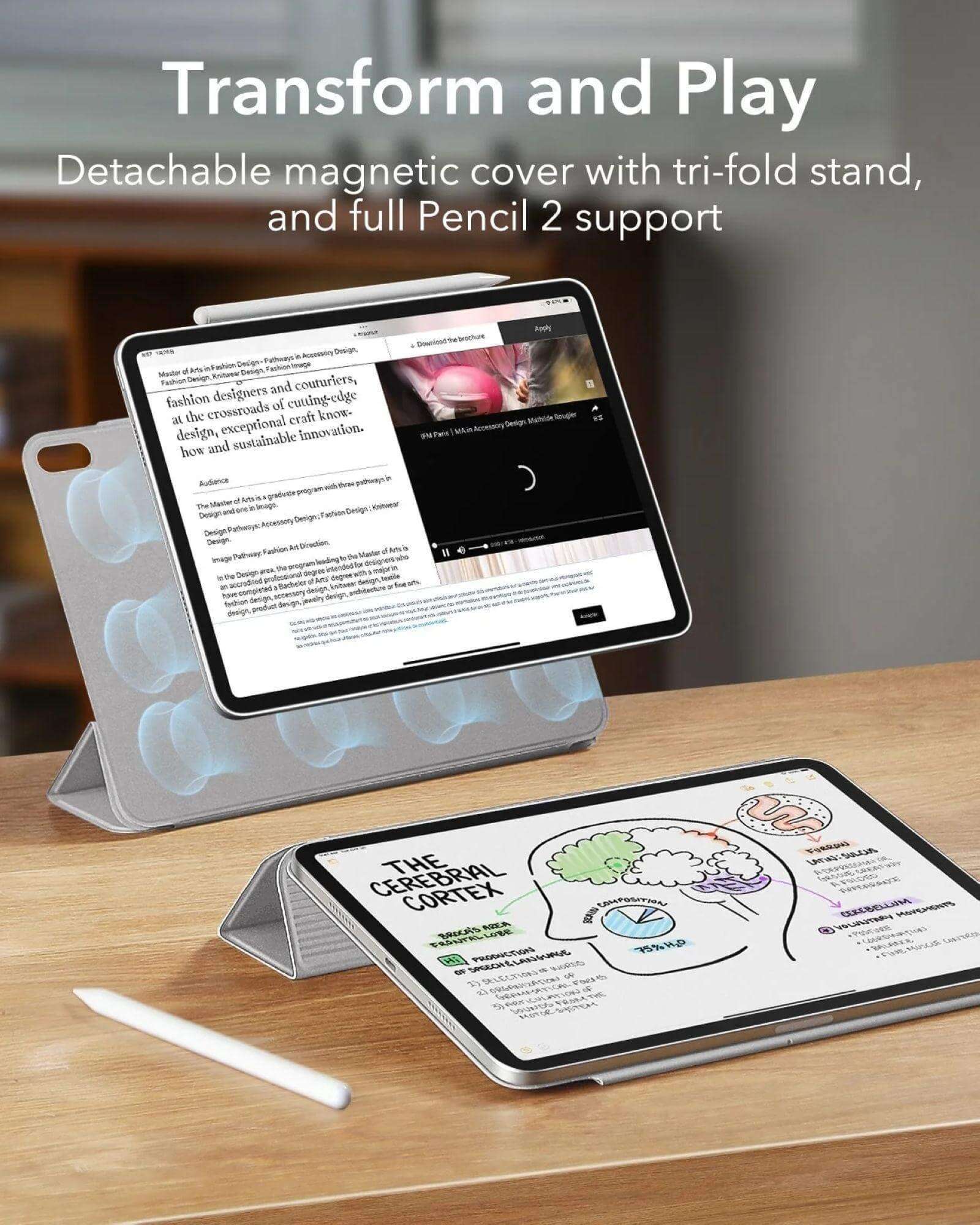 Tablet mit abnehmbarer Hülle und Stift auf Holzoberfläche. Der Bildschirm zeigt Dokumente und ein Video.