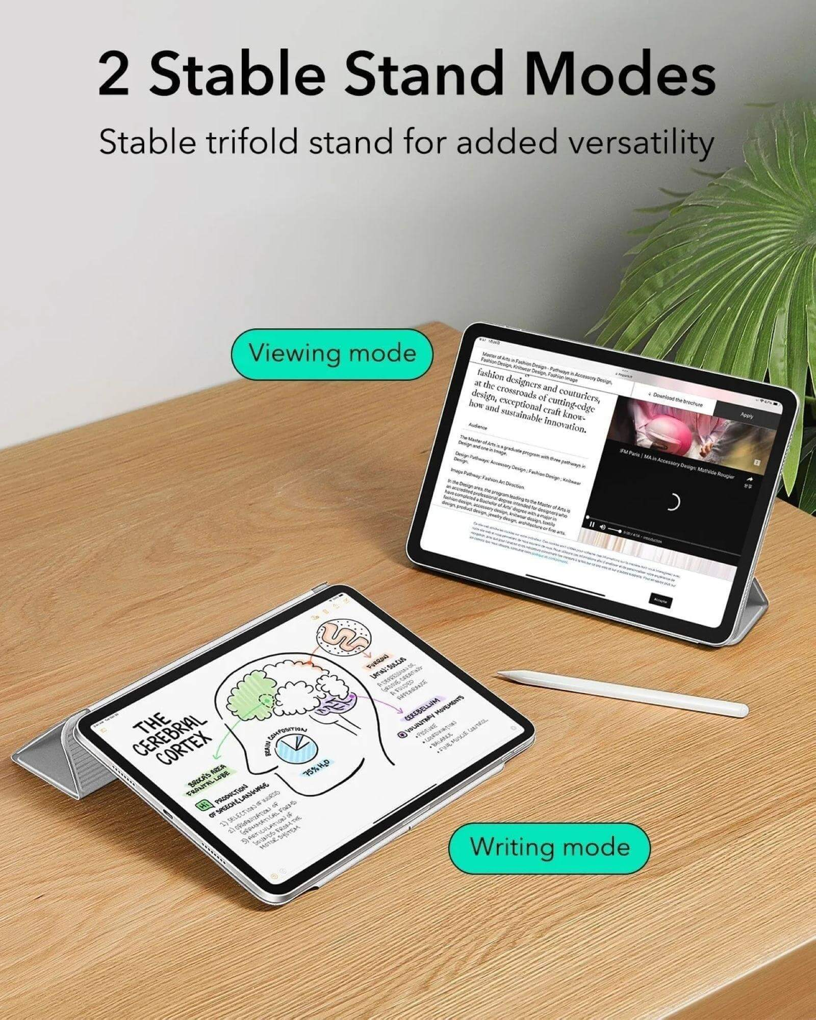 Ein Tablet im Betrachtungs- und Schreibmodus, das Informationen über das Gehirn und Modedesign zeigt.