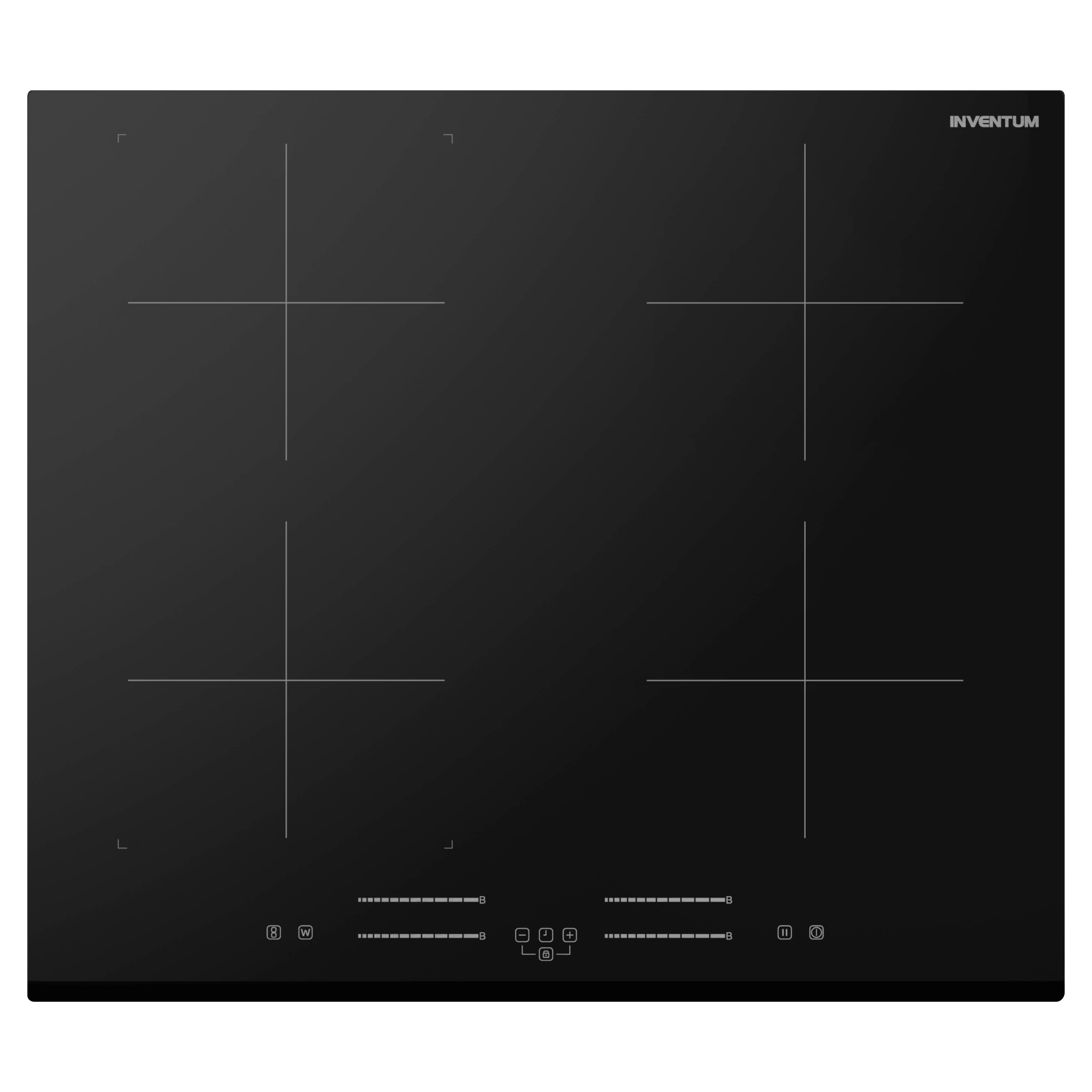 Black induction hob with four cooking zones and control panel. The brand name 'Inventum' is visible.