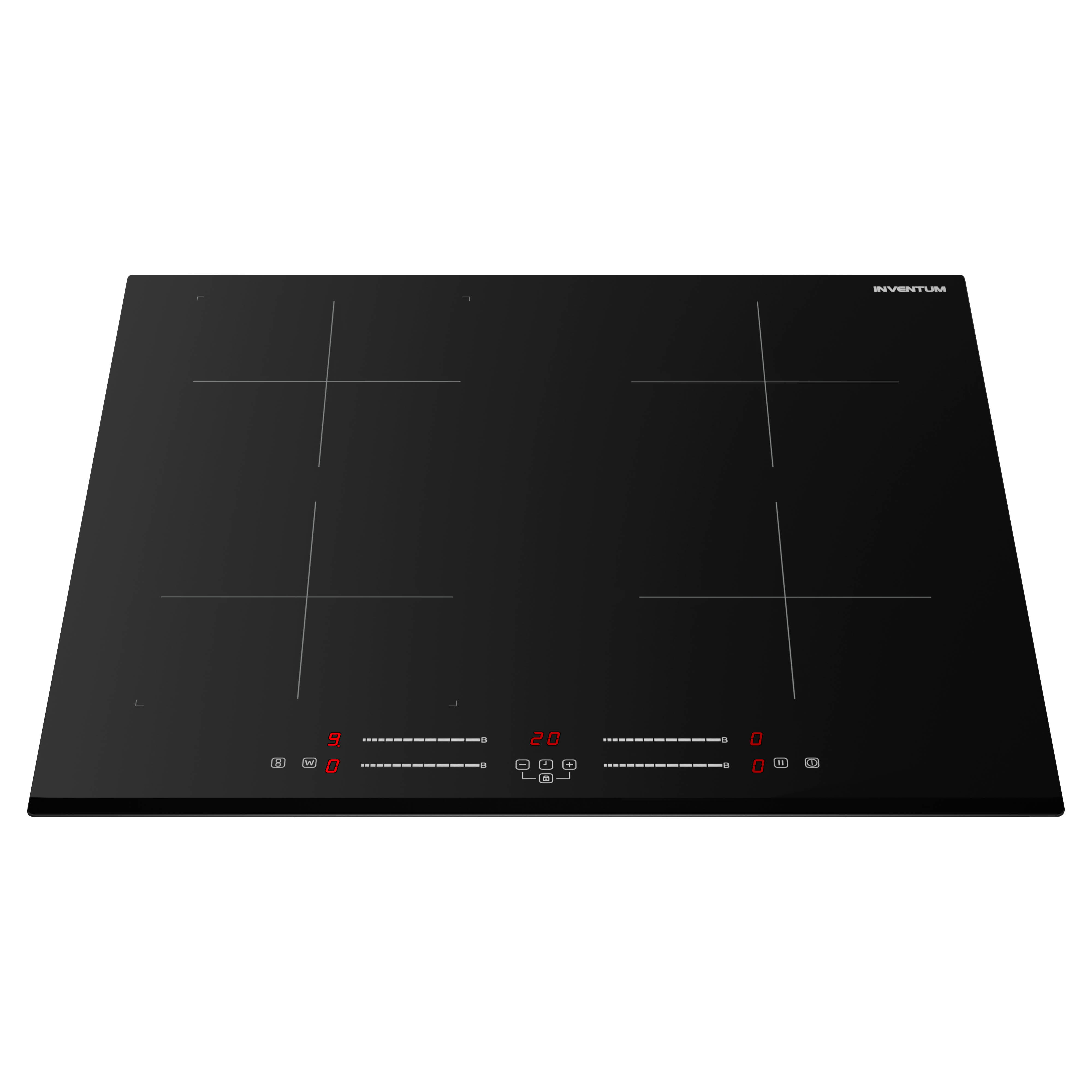 A black glass cooktop with four burners, control panel with numbers and symbols, and the brand name Inventum.