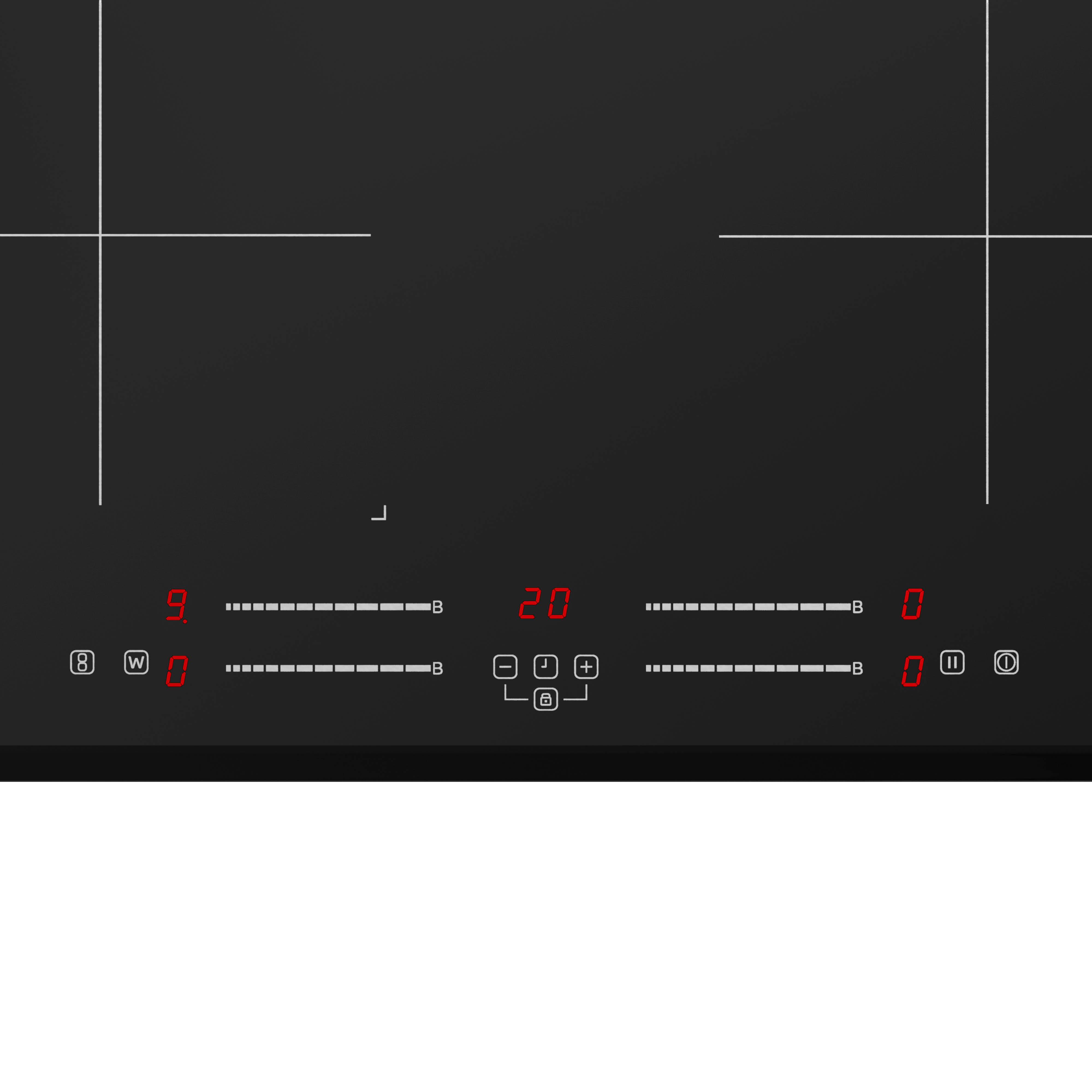 A close-up of a black induction cooktop. There are digital displays showing numbers, and control buttons.