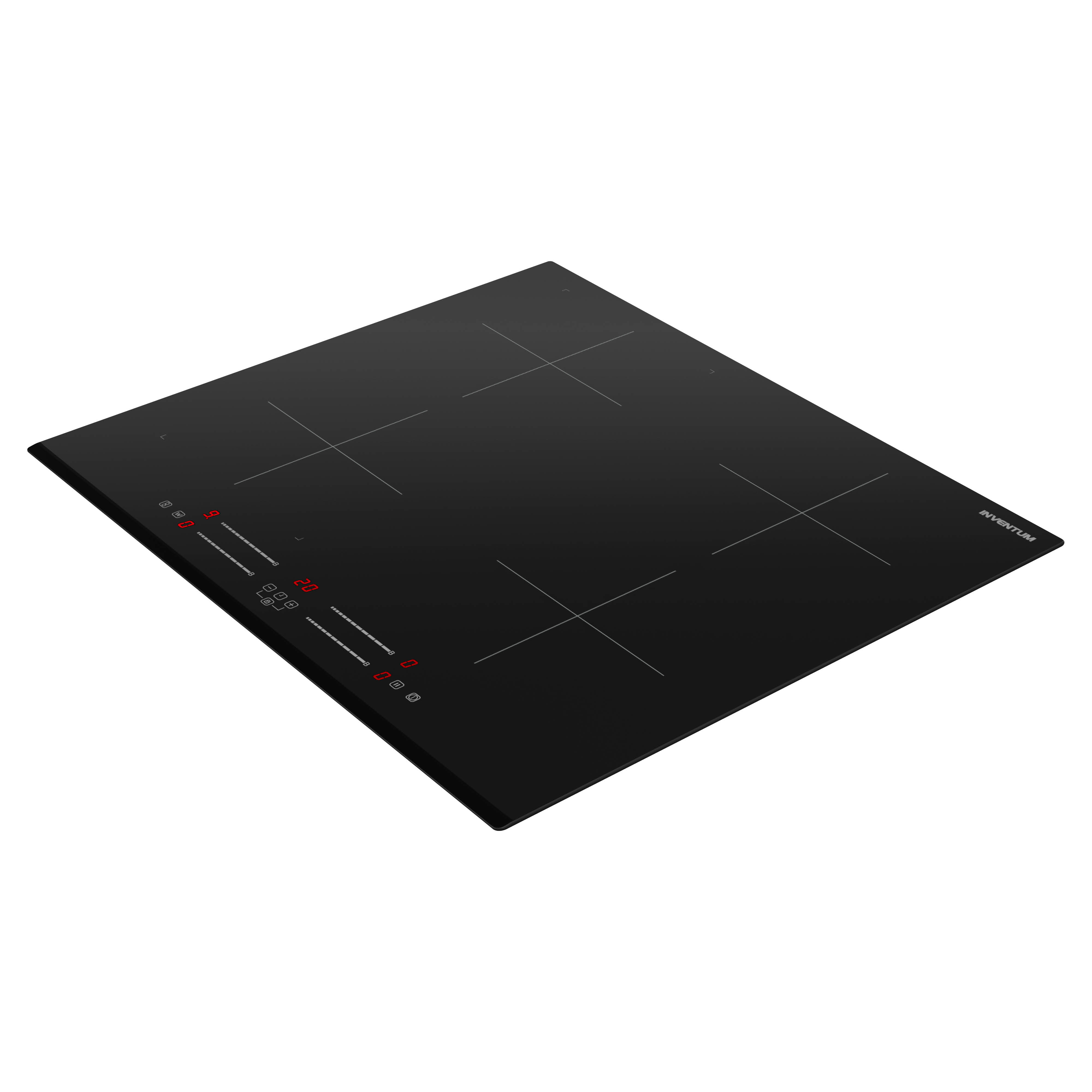 Black induction cooktop with four cooking zones, red digital display, and the brand name Inventum.