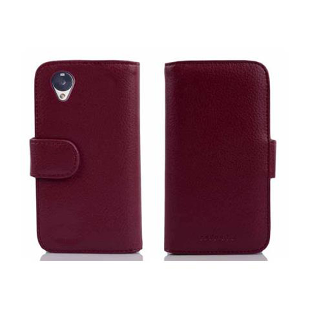 Dos fundas de teléfono de cuero granate. Una abierta, mostrando la cámara. La otra cerrada. Ambas tienen un cierre magnético.