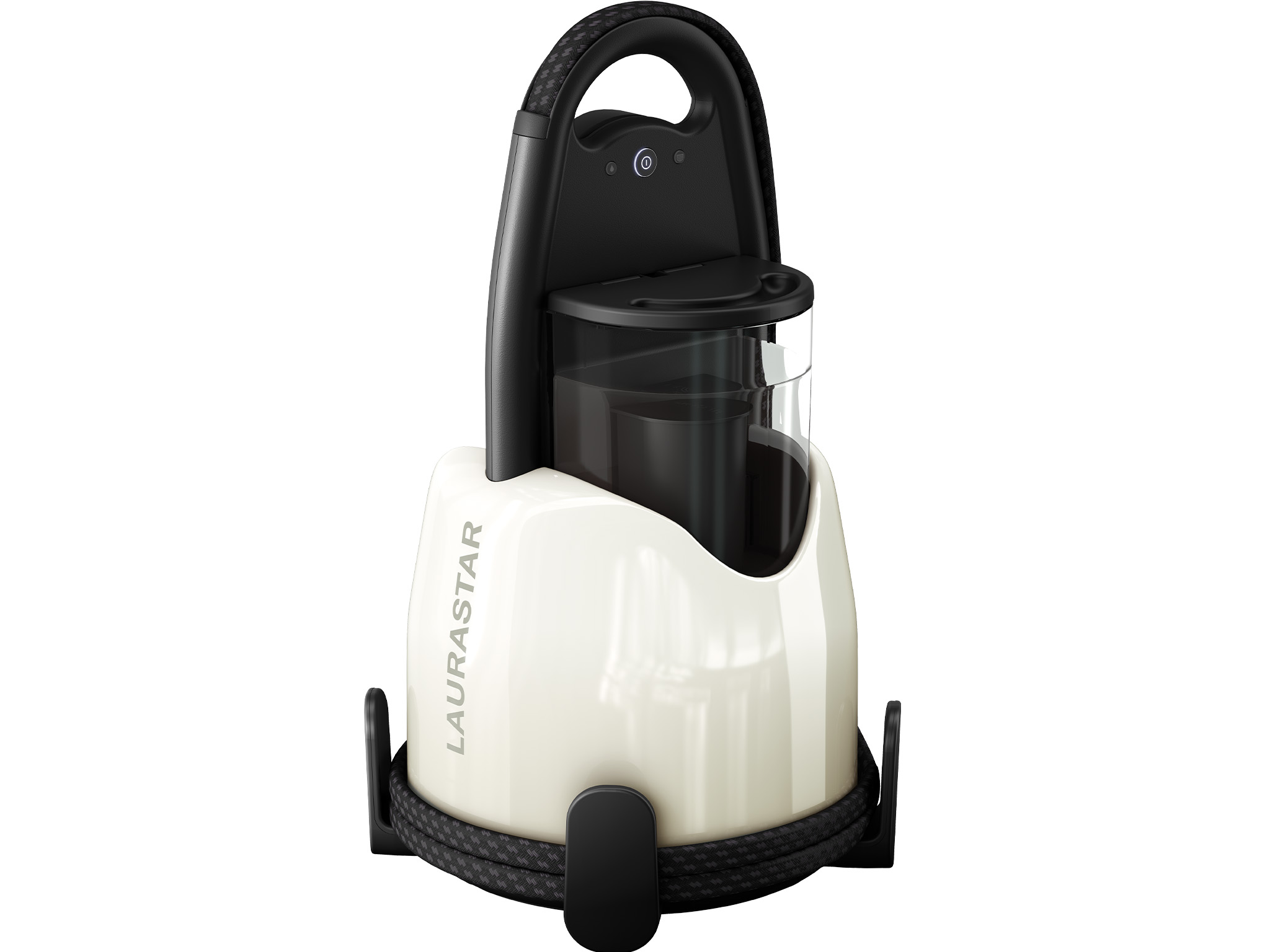 A white and black Laurastar steamer. It has a handle, a water tank, and a power button on top.