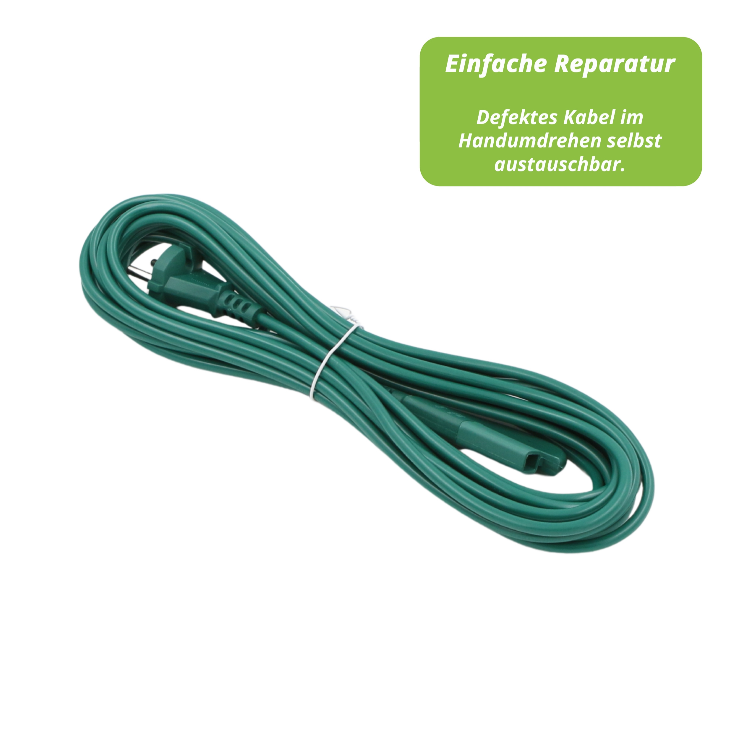 Ein grünes Verlängerungskabel mit Stecker, ordentlich aufgerollt. Ein Textfeld sagt: Einfache Reparatur. Defektes Kabel austauschen.