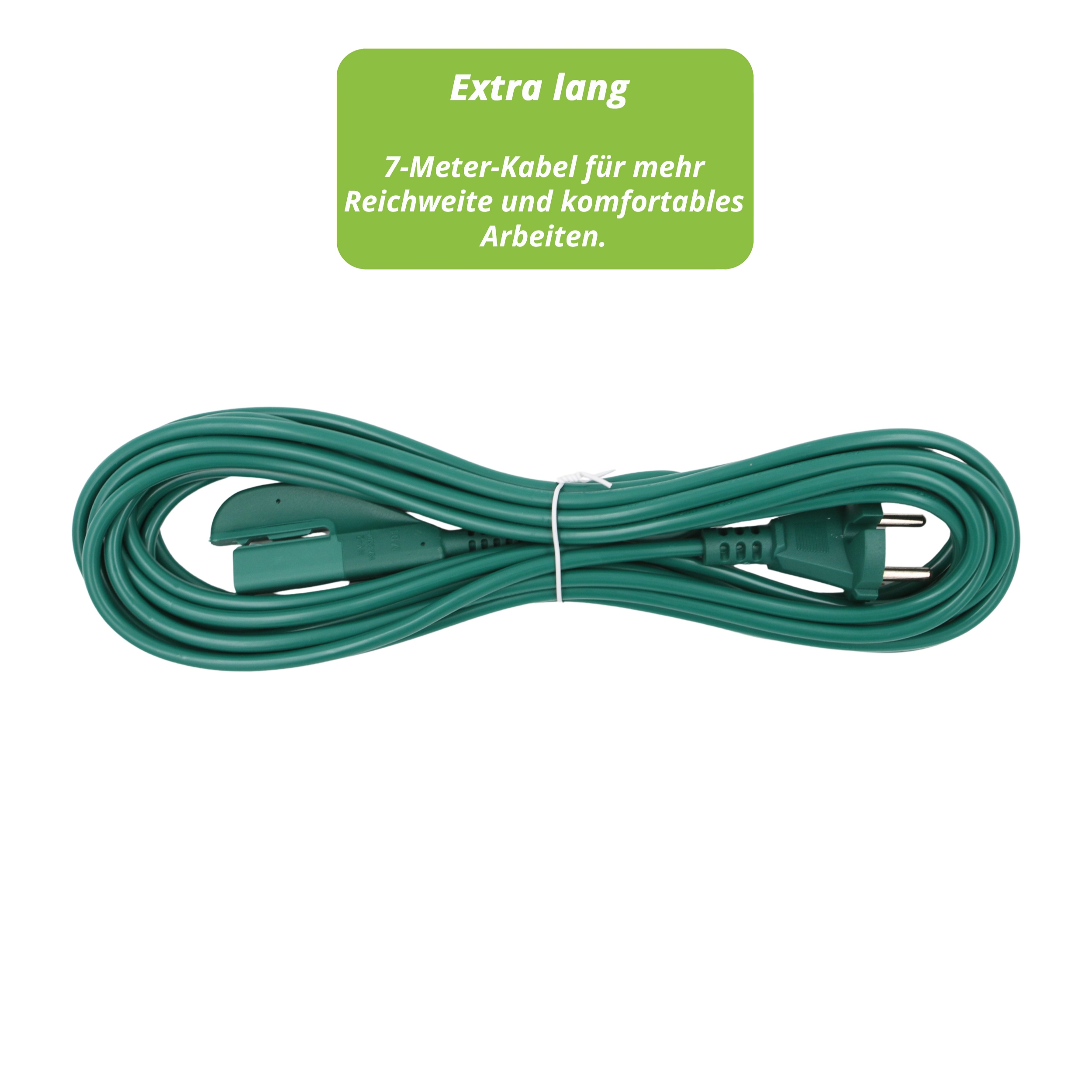 Ein grünes Verlängerungskabel ist aufgerollt. Ein grünes Etikett zeigt 'Extra lang' und beschreibt das 7-Meter-Kabel.