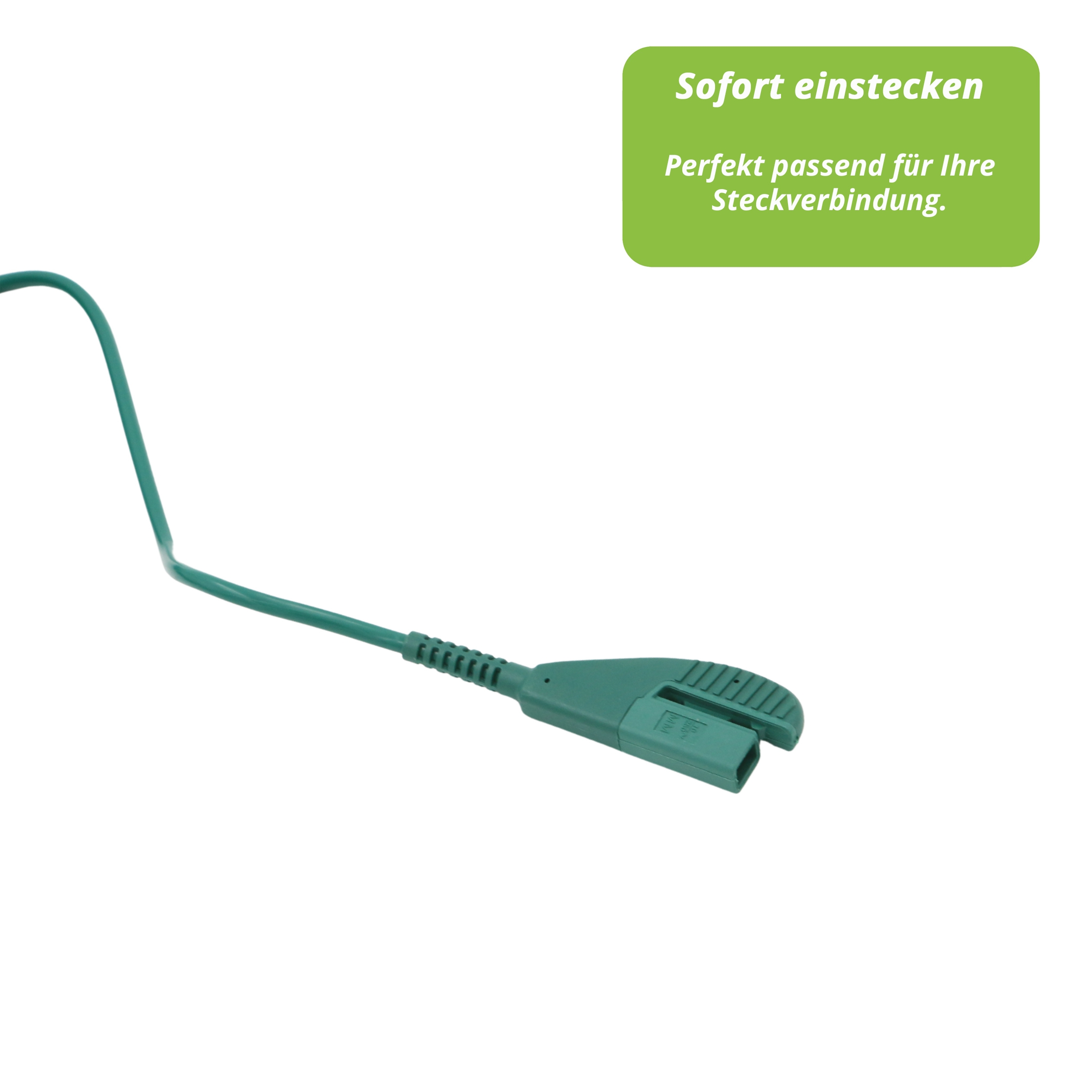 Ein grünes Anschlusskabel auf weißem Hintergrund. Eine grüne Textbox sagt 'Sofort einstecken' und 'Perfekt passend für Ihre Steckverbindung'.