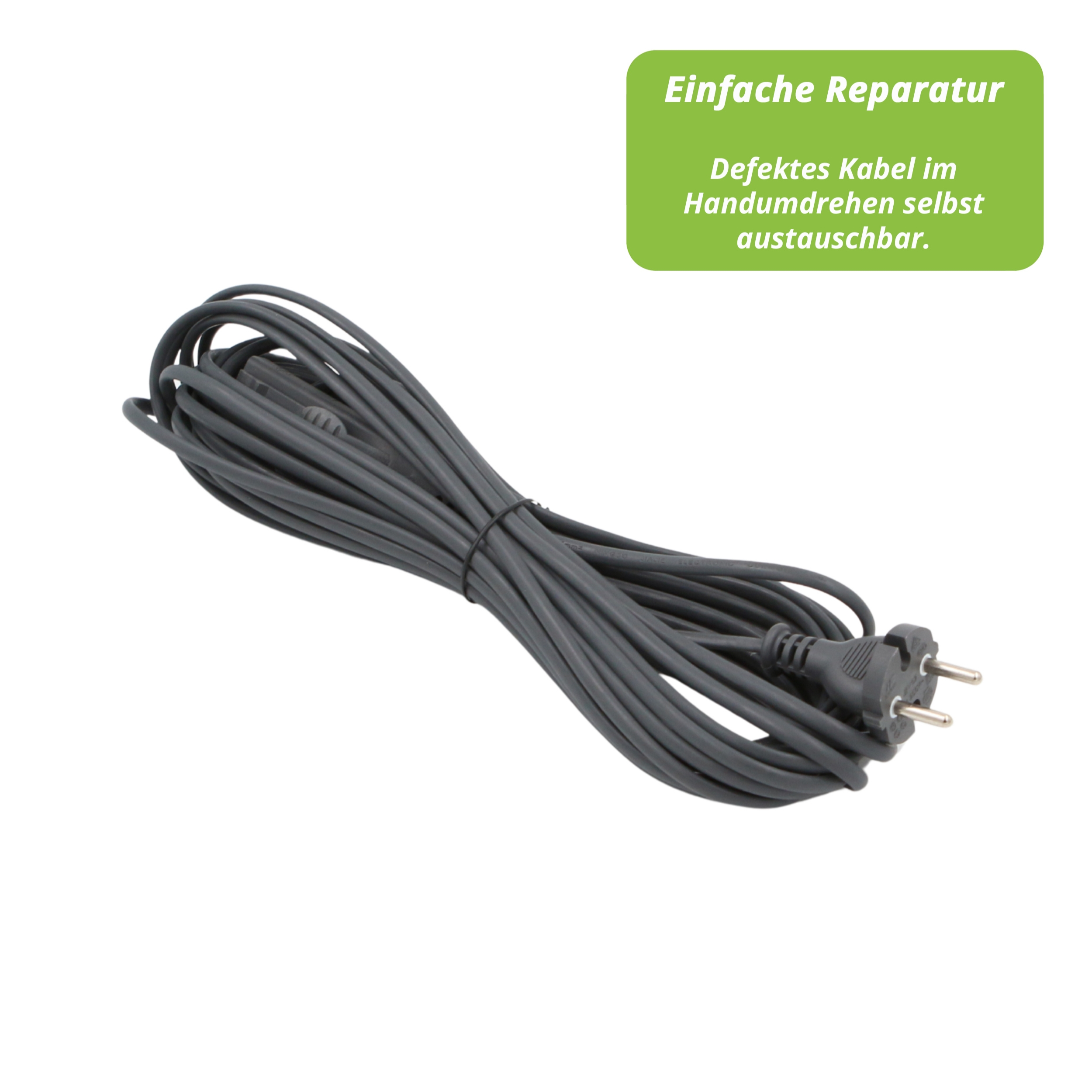 Graues Netzkabel mit Stecker, sauber aufgerollt. Ein grünes Rechteck im Hintergrund hat deutschen Text.