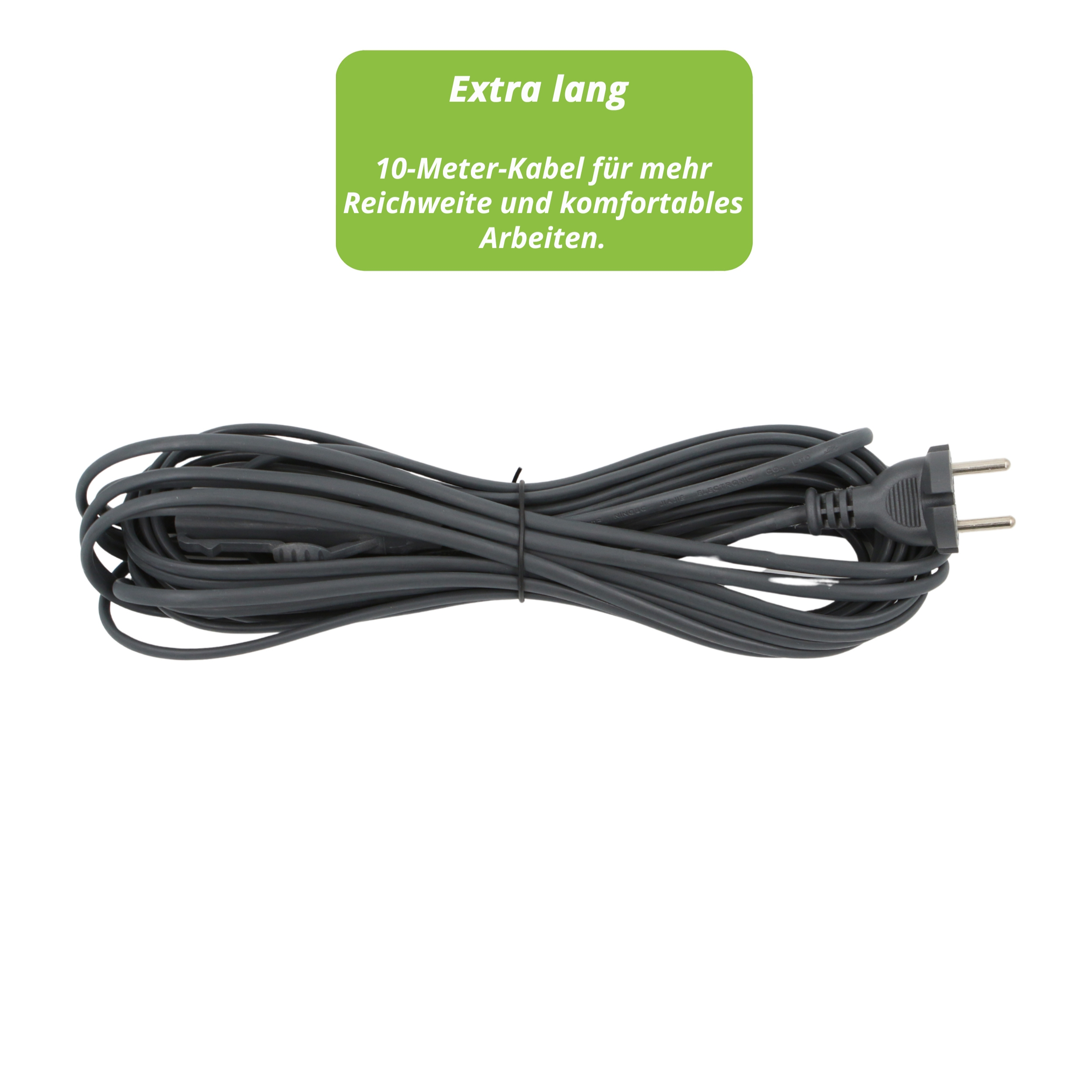 Graues Netzkabel mit Stecker, grünes Schild oben mit 'Extra lang'. Weißer Hintergrund.