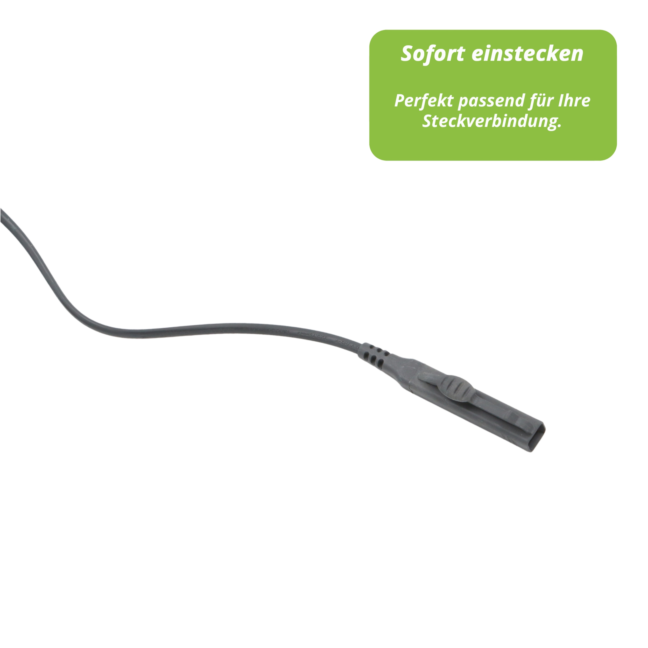 Ein graues Kabel mit Stecker verläuft auf weißem Hintergrund. Eine grüne Box sagt 'Sofort einstecken'.