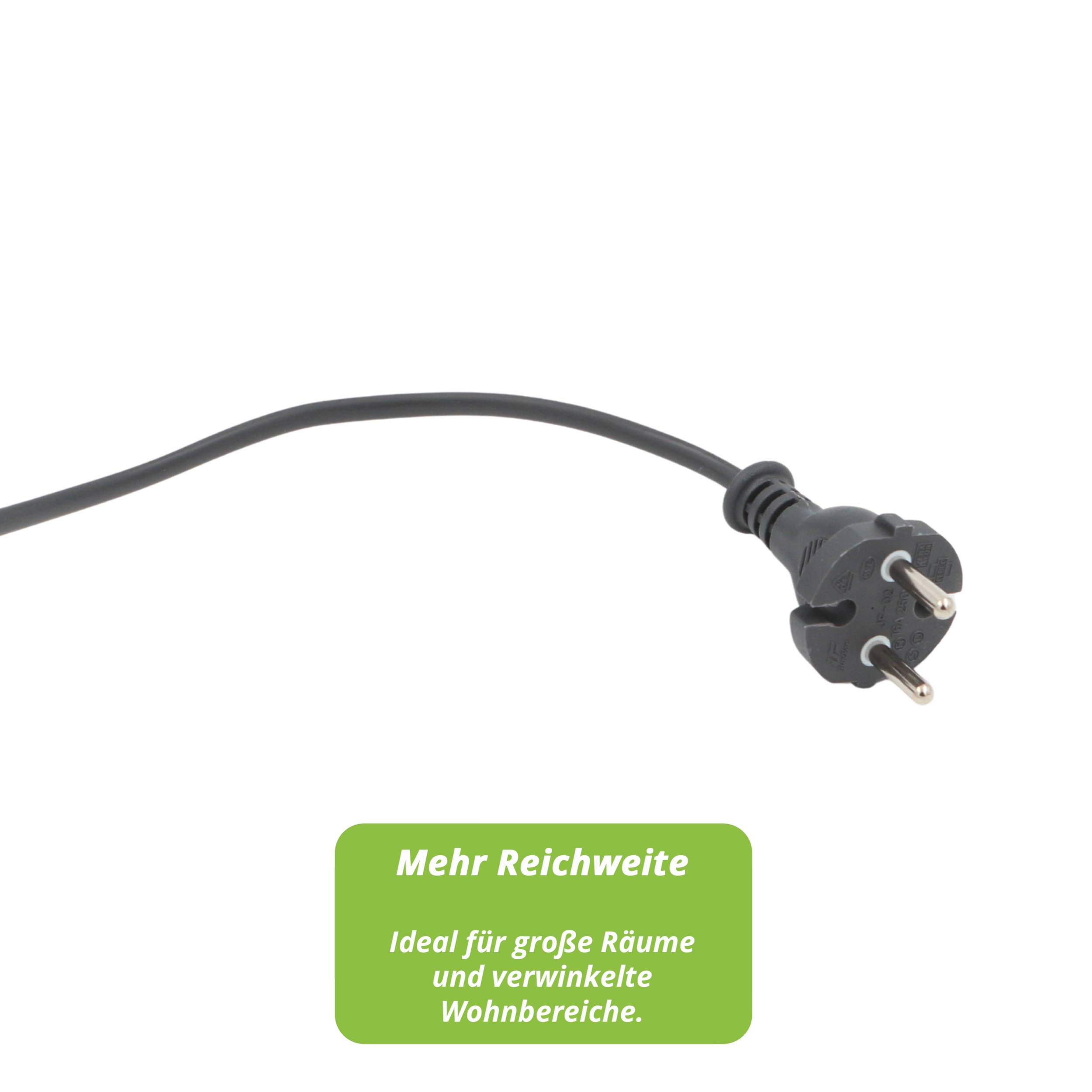 Ein dunkelgrauer Netzstecker mit schwarzem Kabel. Unten ist ein grünes Rechteck mit weißem Text.