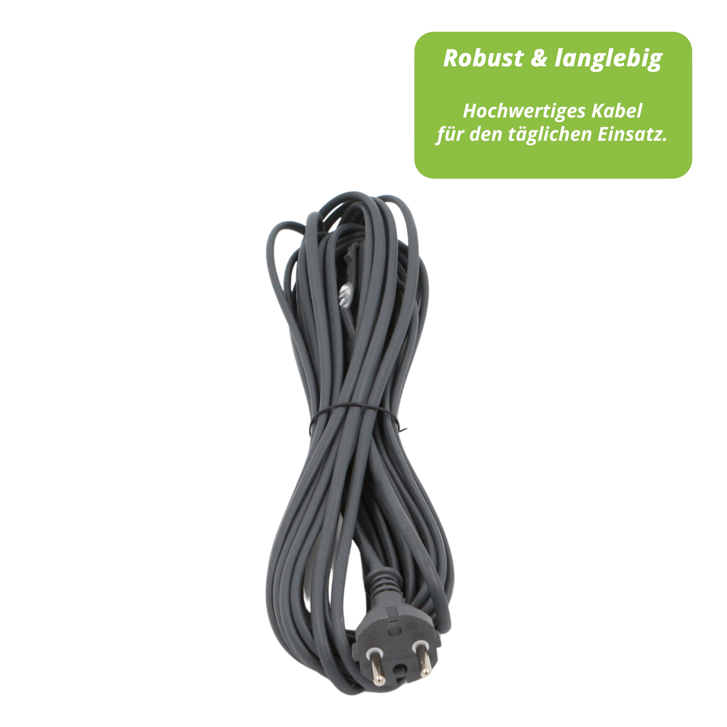 Ein graues Stromkabel mit Stecker ist eng aufgerollt. Ein grünes Banner sagt 'Robust & langlebig' und 'Hochwertiges Kabel'.