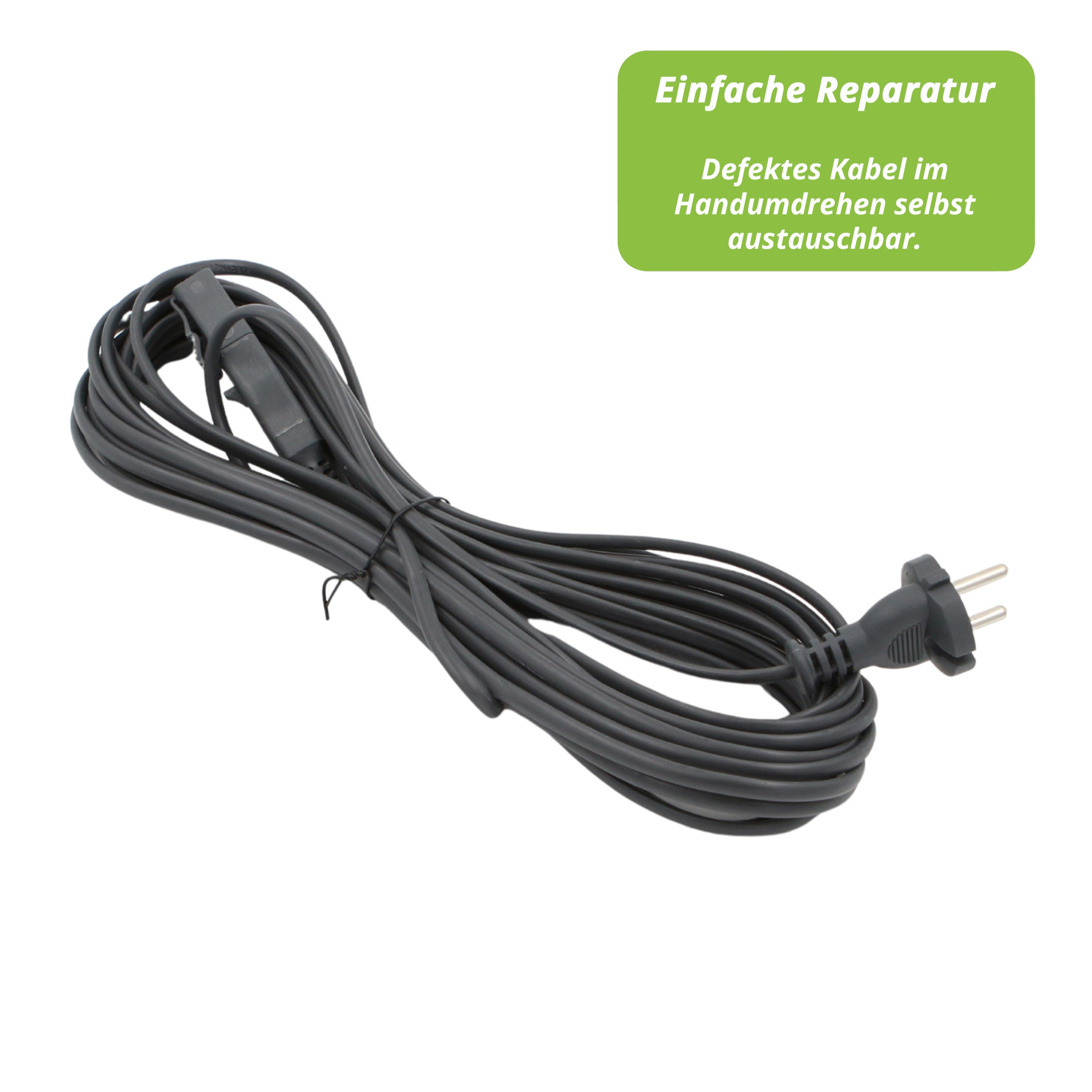 Ein schwarzes Netzkabel mit Stecker liegt auf weißem Grund. Oben rechts ein grüner Kasten mit weißem Text.