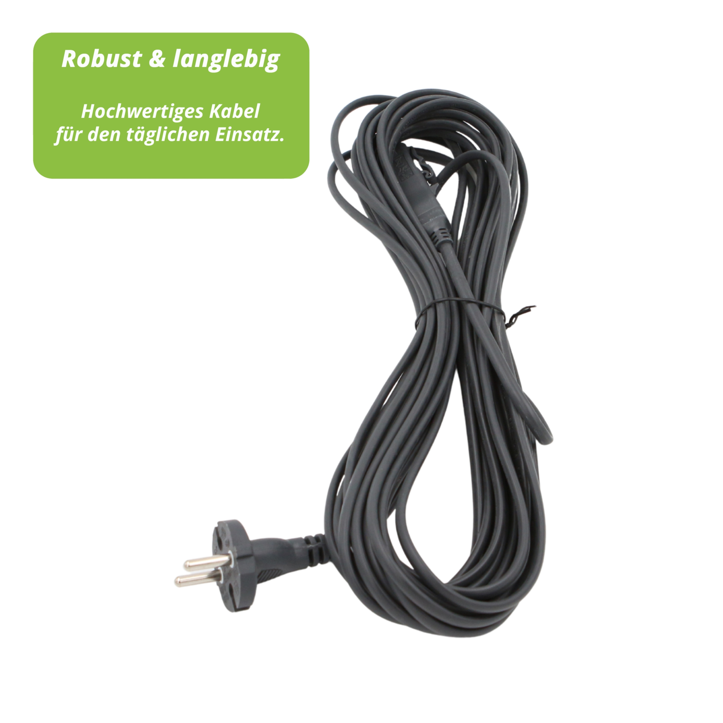 Ein dunkelgraues Netzkabel mit Stecker ist vor weißem Hintergrund aufgerollt. Oben links befindet sich ein grüner Textkasten.