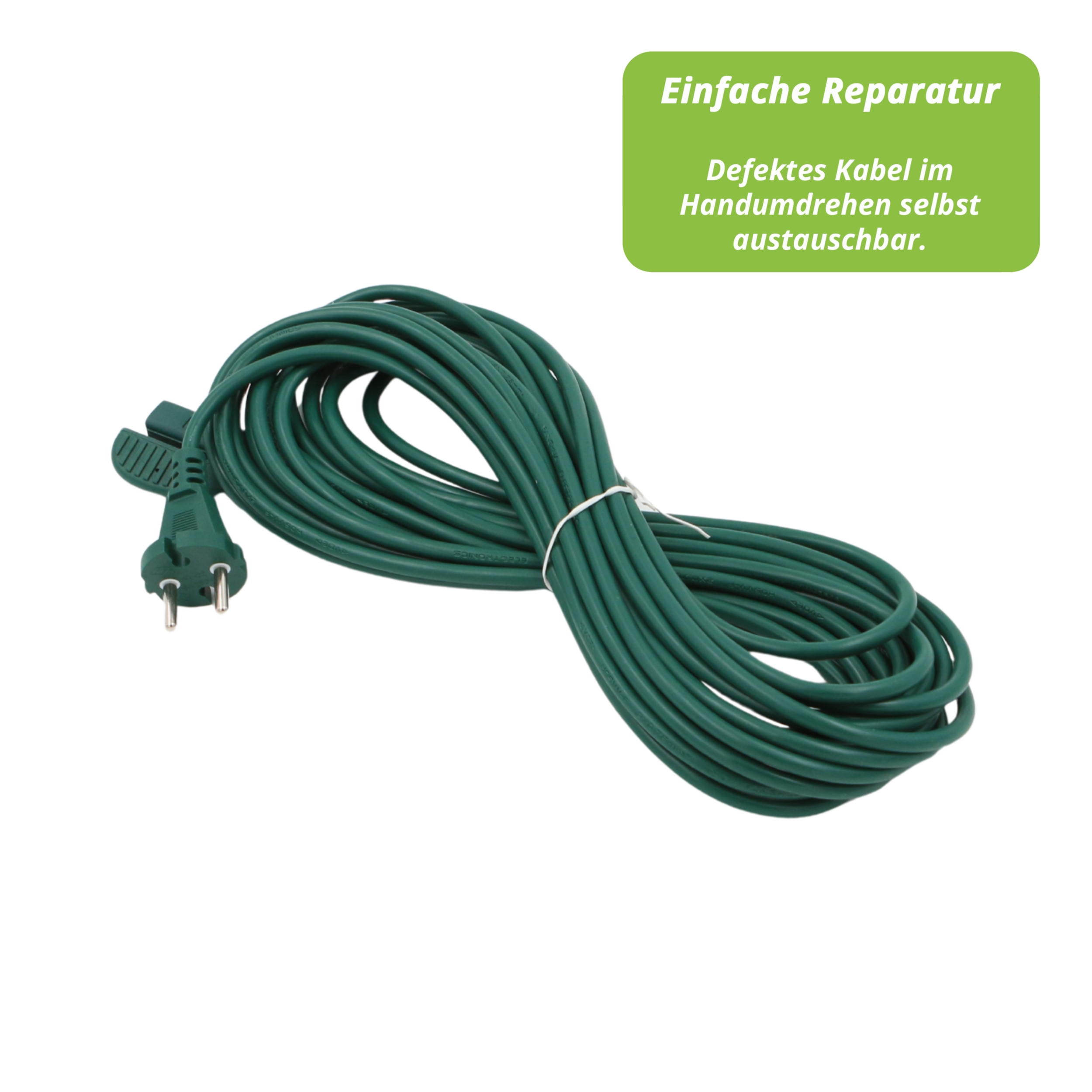 Grünes Verlängerungskabel mit Stecker. Text: Einfache Reparatur. Defektes Kabel selbst austauschbar.