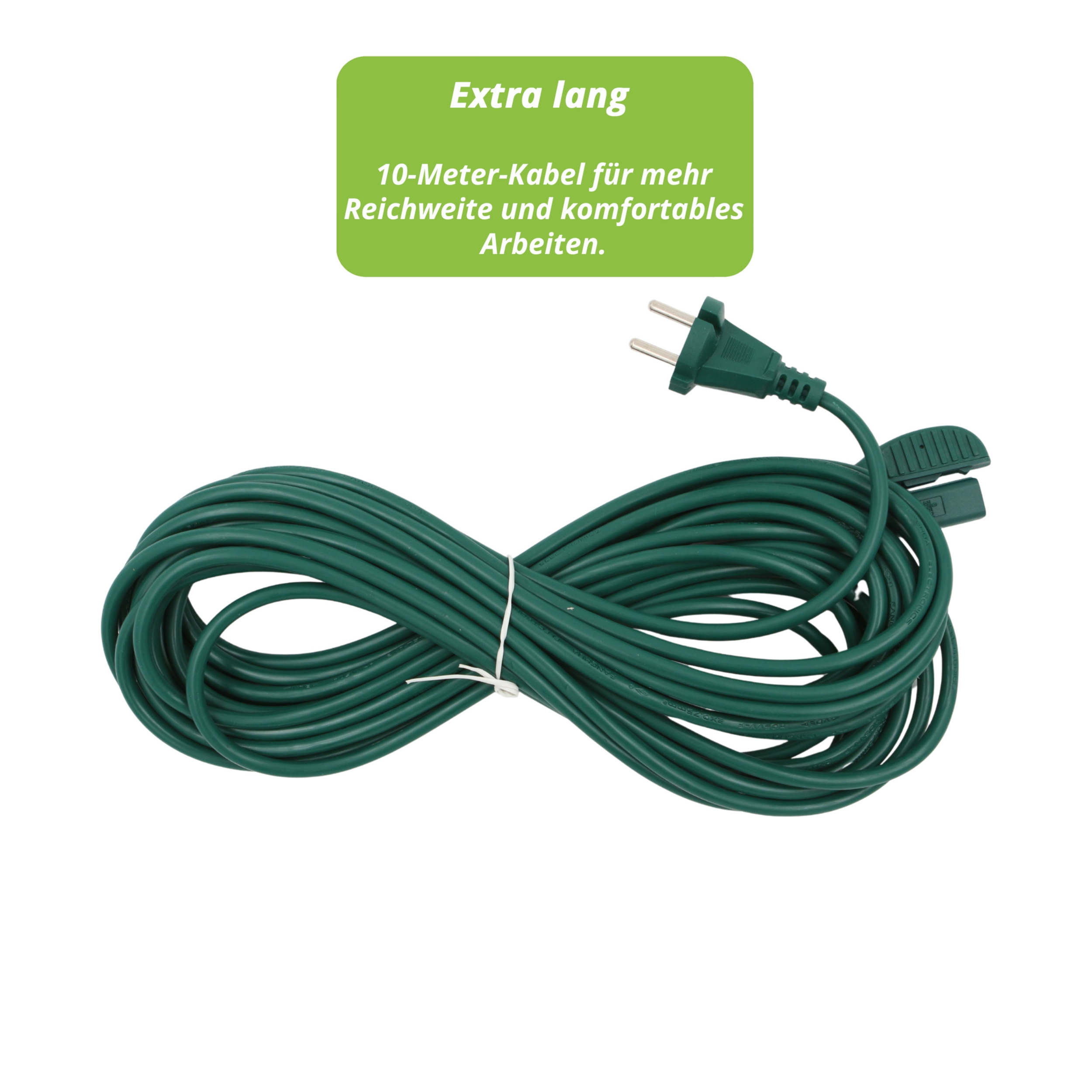 Grünes Verlängerungskabel mit Stecker und Anschluss. Text: Extra lang, 10-Meter-Kabel für mehr Reichweite und komfortables Arbeiten.
