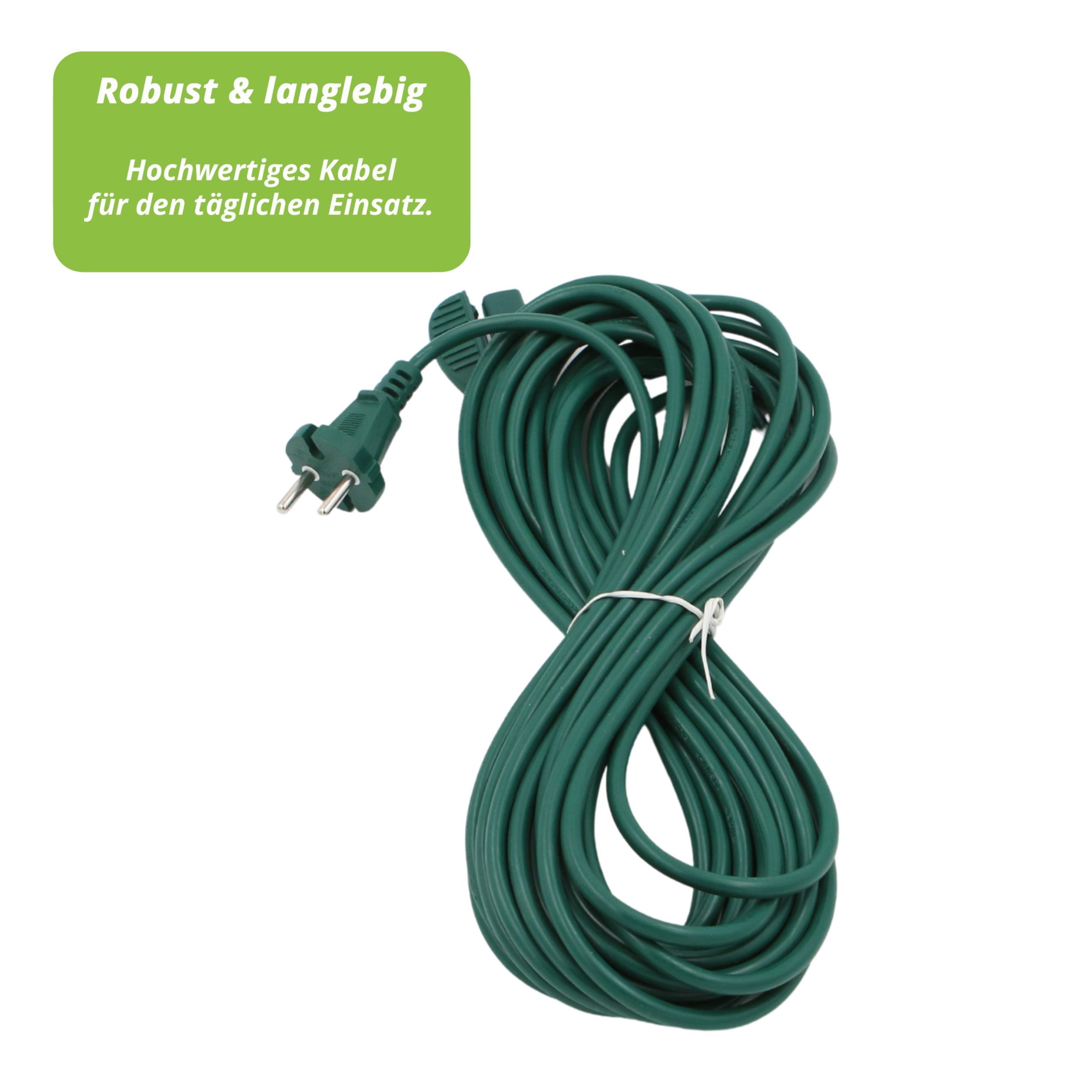 Ein grünes Verlängerungskabel ist aufgerollt. Der Stecker ist links. Text in einer grünen Box: 'Robust & langlebig'.