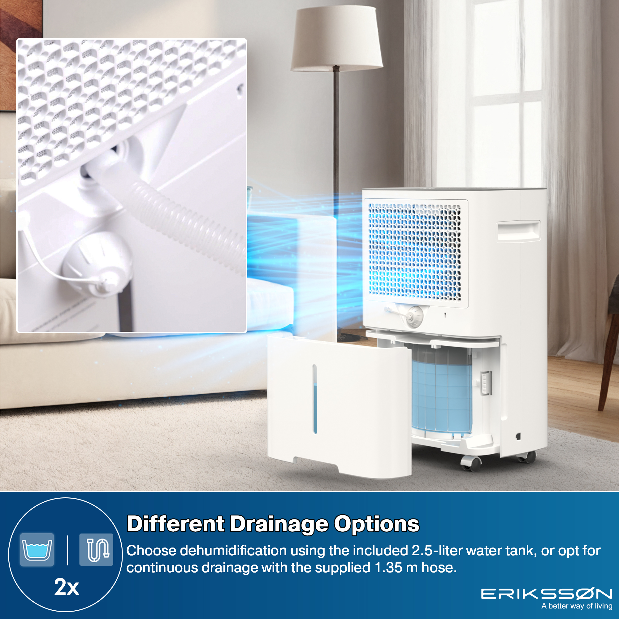 Een witte luchtontvochtiger met blauw luchtfilter. Toont drainage-opties: tank of slang.