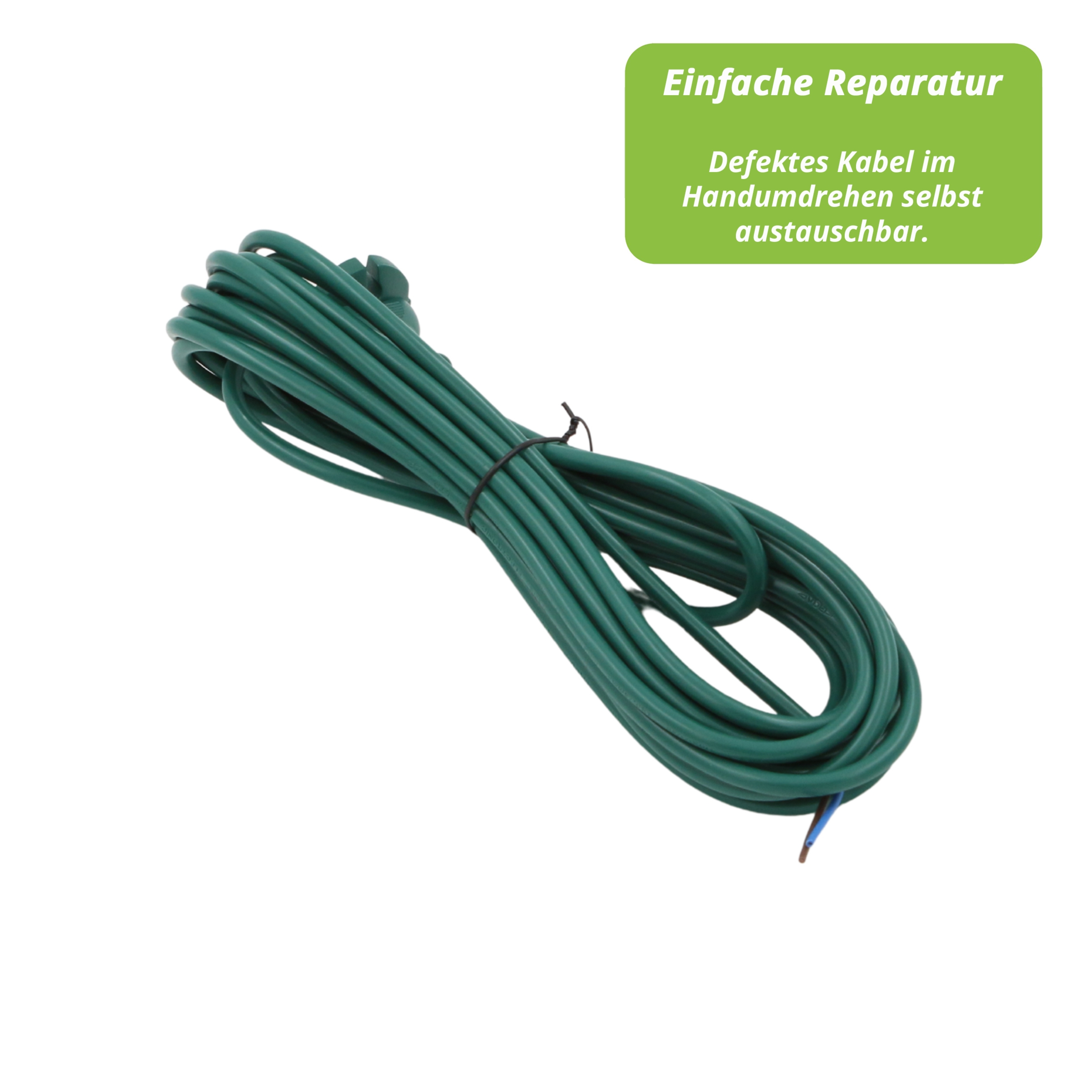 Ein grünes Elektrokabel ist aufgerollt. Ein grünes rechteckiges Etikett sagt 'Einfache Reparatur' auf Deutsch.