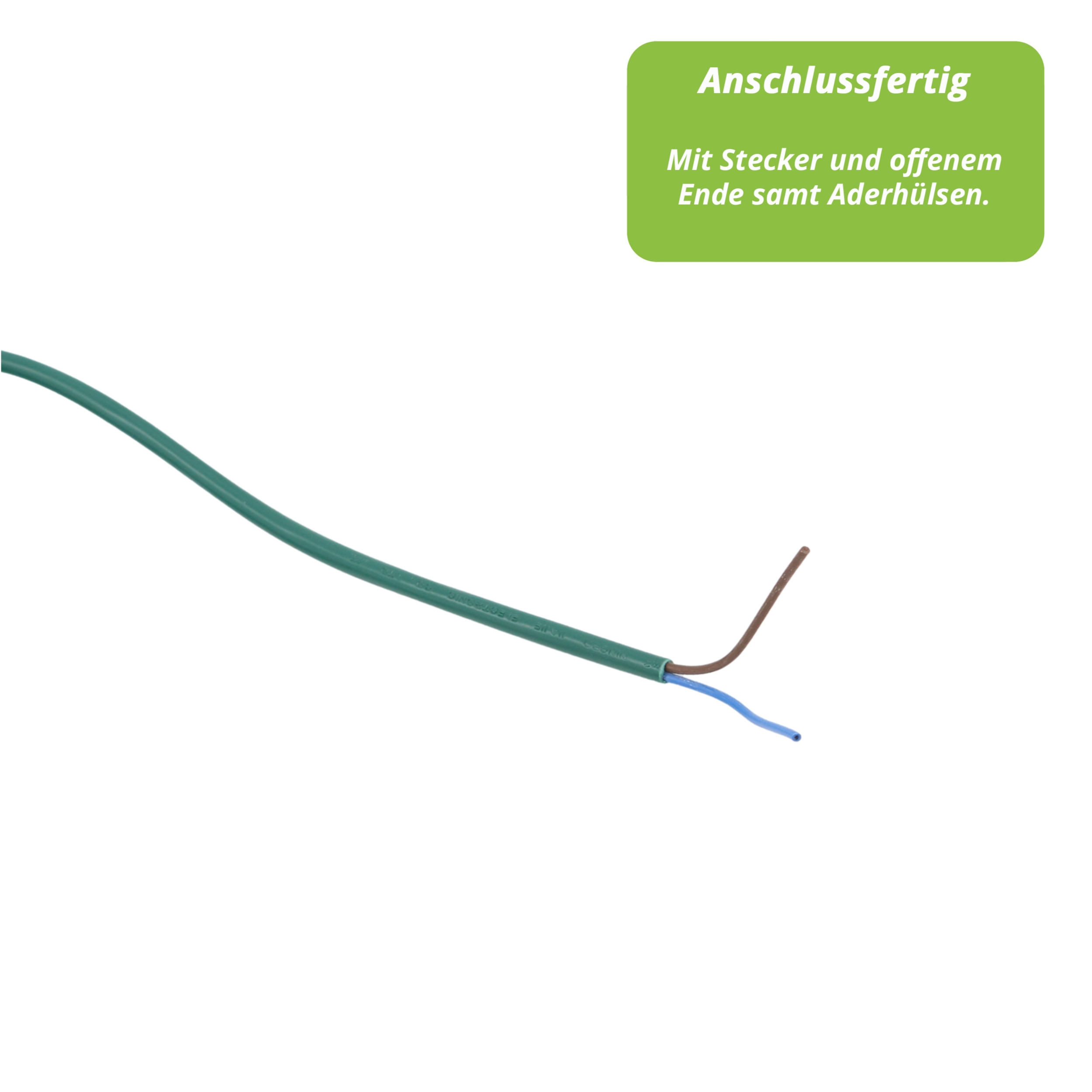 Ein grünes Kabel mit braunen und blauen Drähten, die sich davon erstrecken. Text in grüner Box: Anschussfertig.