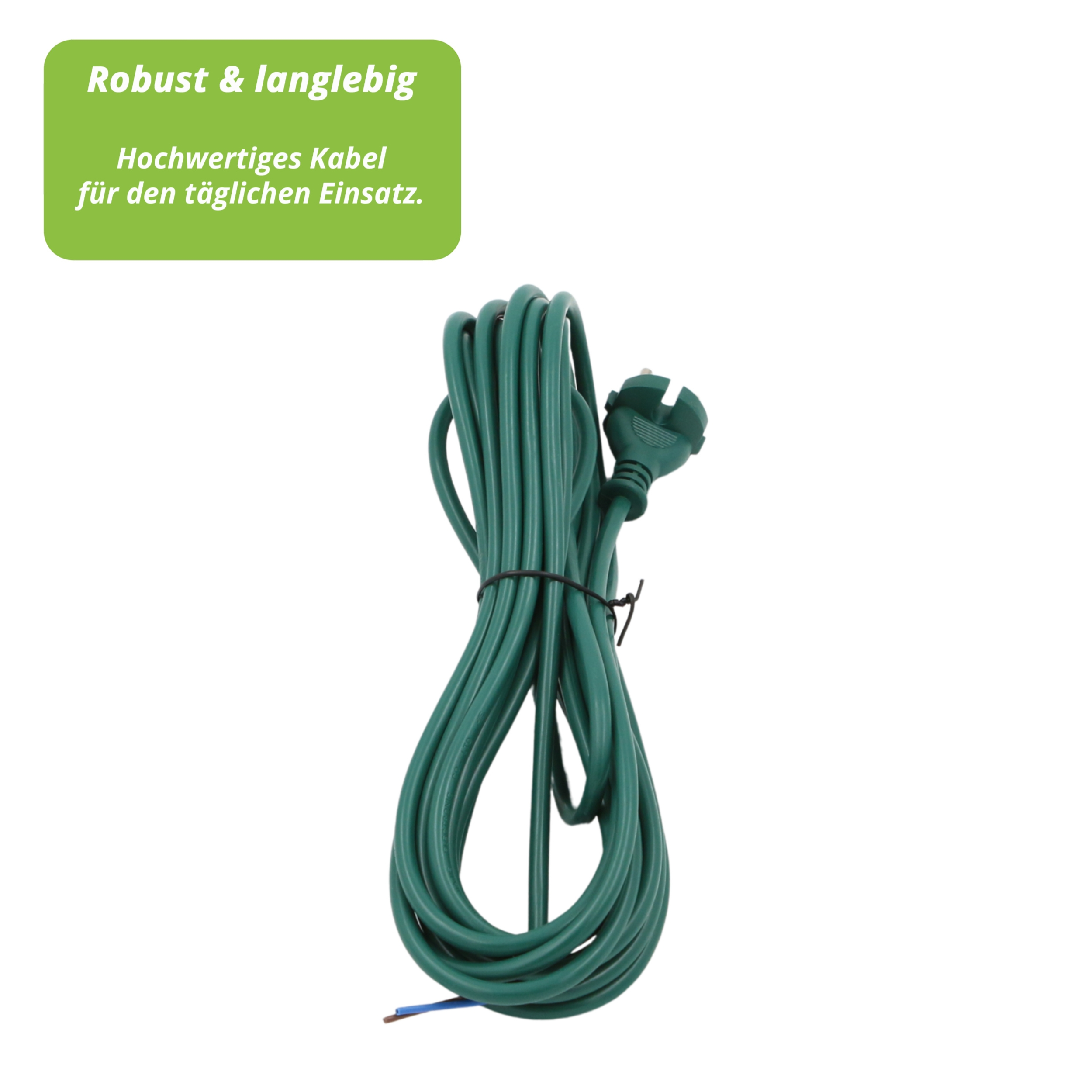 Grünes Verlängerungskabel mit Stecker, Kabel gebunden. Text: Robust & langlebig. Hochwertiges Kabel für den täglichen Einsatz.