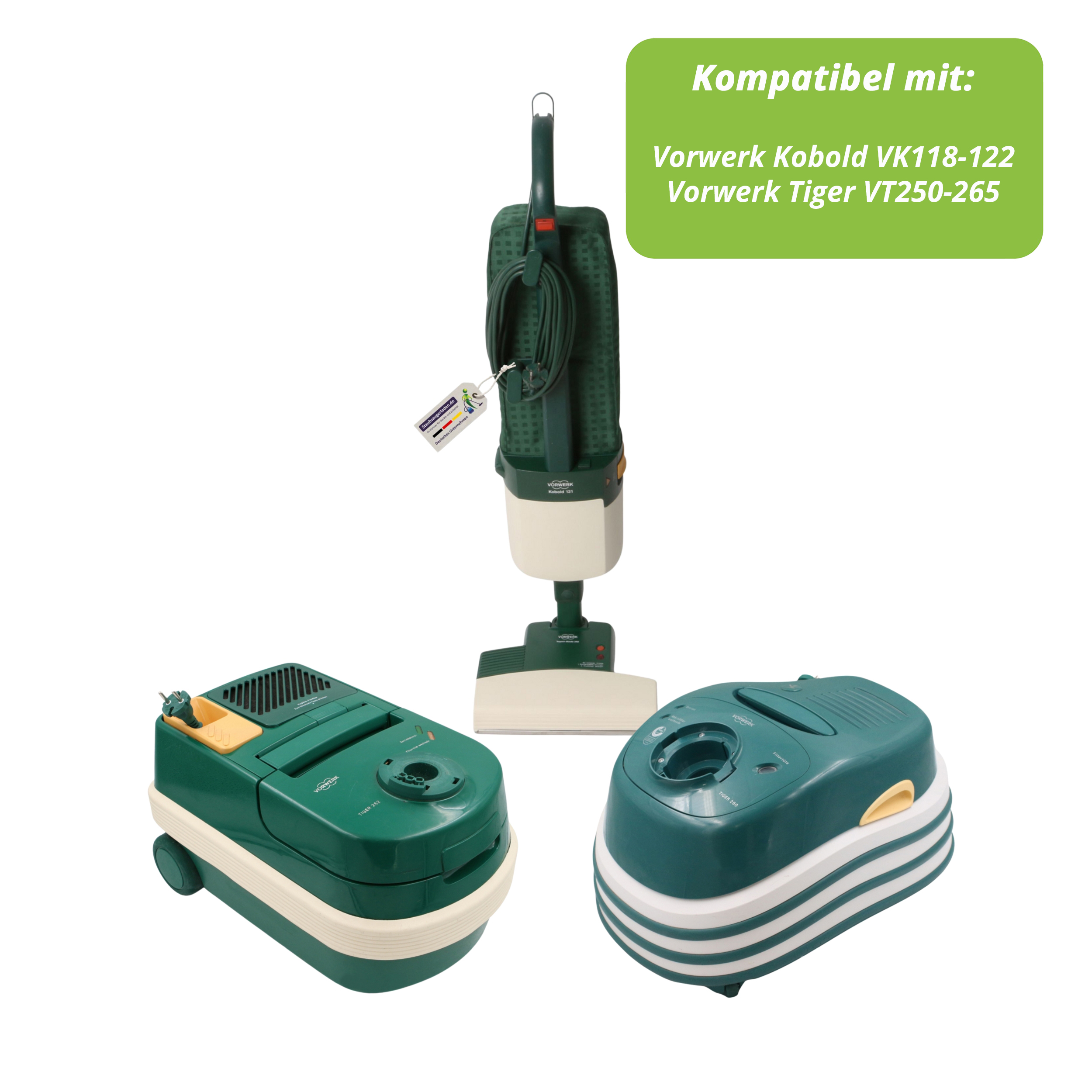 Das Bild zeigt einen grünen Vorwerk-Staubsauger und seine Teile. Text weist auf Kompatibilität hin.