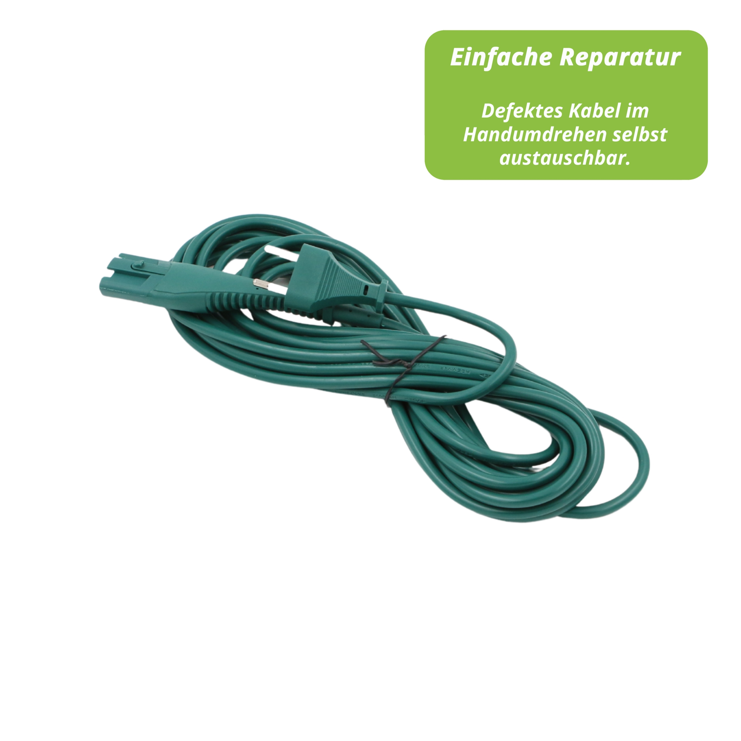Grünes Verlängerungskabel mit Stecker und Buchse auf weißem Hintergrund. Text in grüner Box: einfache Reparatur.