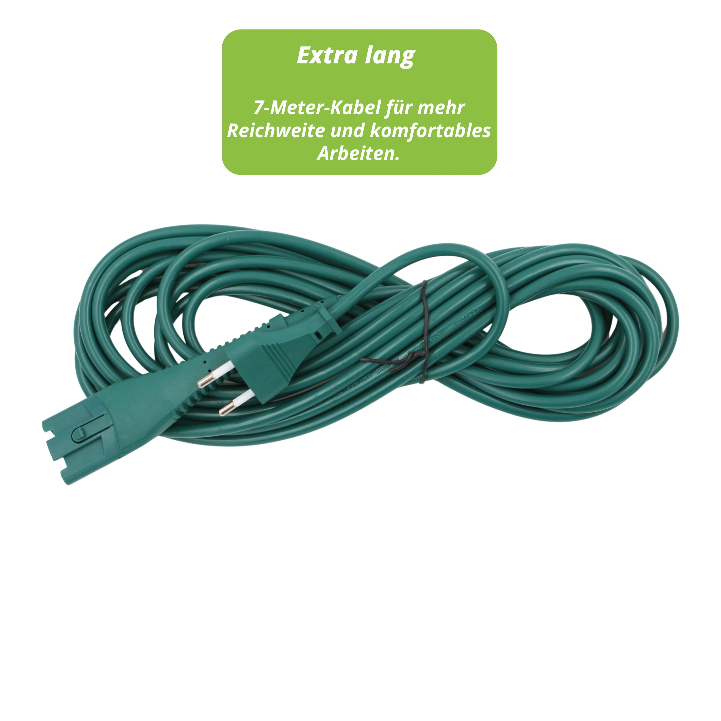 Grünes Verlängerungskabel auf weißem Hintergrund, eine grüne Textbox oben sagt 'Extra lang'.