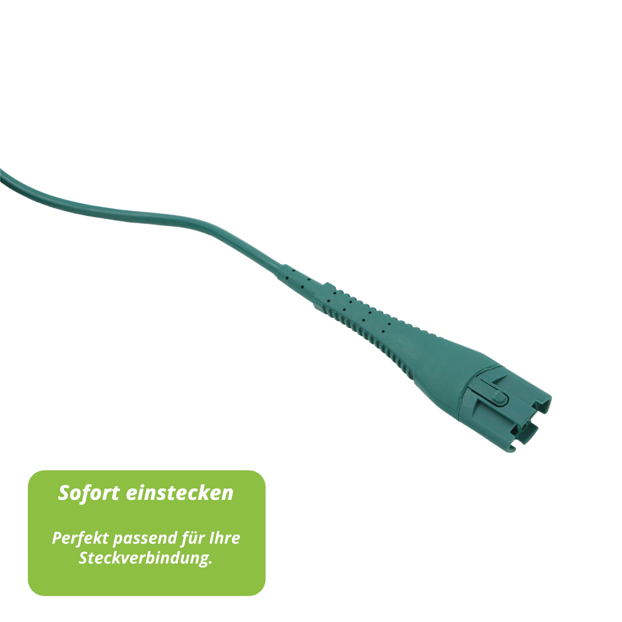 Ein grünes Anschlusskabel, das von oben links abgewinkelt ist. Grüne Textbox sagt 'Sofort einstecken'.