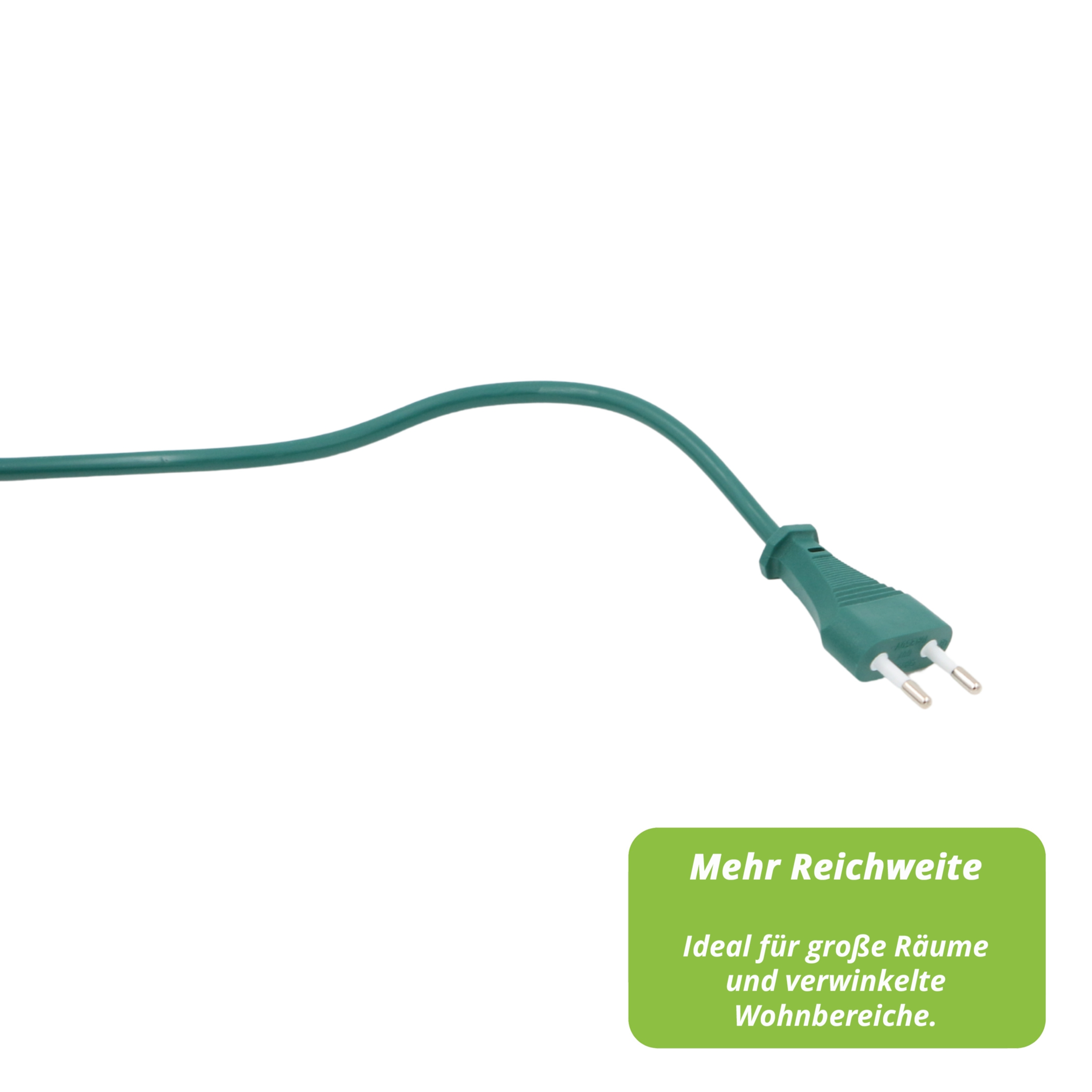 Ein grünes Netzkabel mit Stecker wird gezeigt. Ein grünes Rechteck mit weißem Text befindet sich unten rechts.