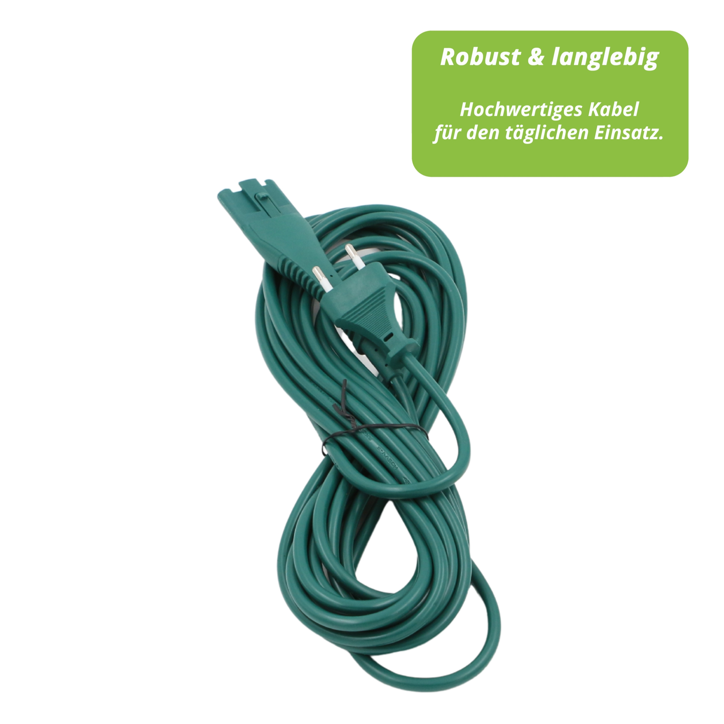 Ein grünes Verlängerungskabel mit Stecker, sauber aufgerollt. Ein Textfeld sagt: Robust & langlebig. Hochwertiges Kabel für den täglichen Gebrauch.