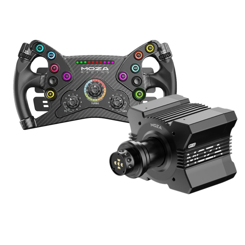 Une configuration de simulateur de course. Un volant noir avec des boutons et une base de moteur noire, tous deux étiquetés MOZA Racing, sont présentés.