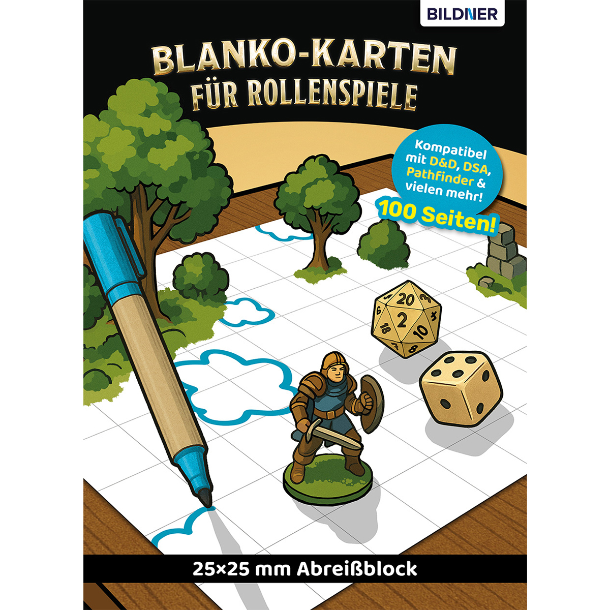 Eine leere Karte für Rollenspiele mit blauem Stift, einer Figur, zwei Würfeln, Bäumen und einem Rasterhintergrund.