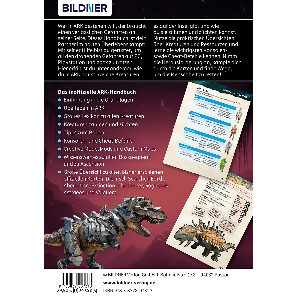 Buchcover mit Dinosaurier, spielbezogenen Inhalten und Texten über das Überleben im ARK-Spiel.