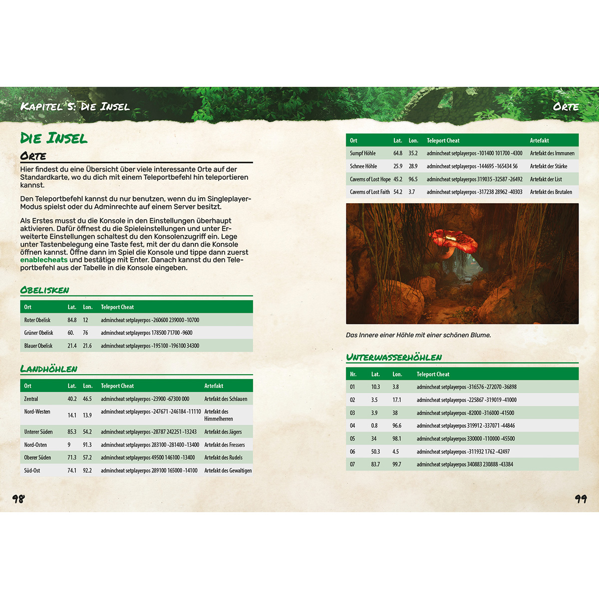 Eine Spielanleitungsseite mit Tabellen und Text. Enthält Orte, Koordinaten und Cheat-Codes für ein Videospiel.