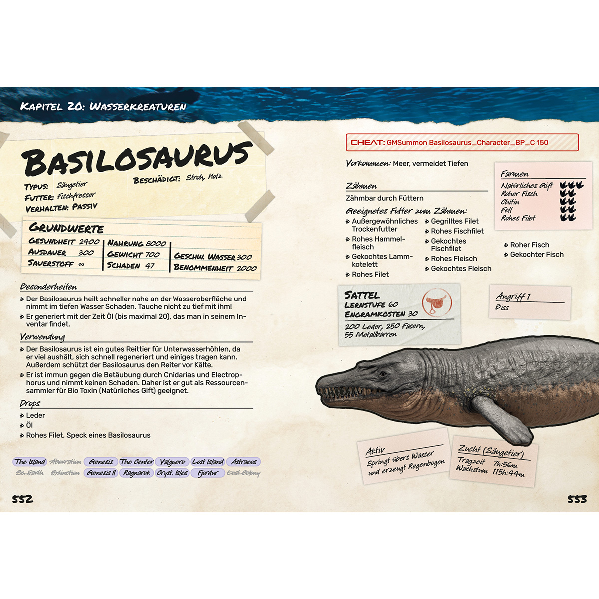Illustration eines Basilosaurus, ein Meeressäuger, mit Text, der seine Eigenschaften und Verwendung in einem Spiel beschreibt.