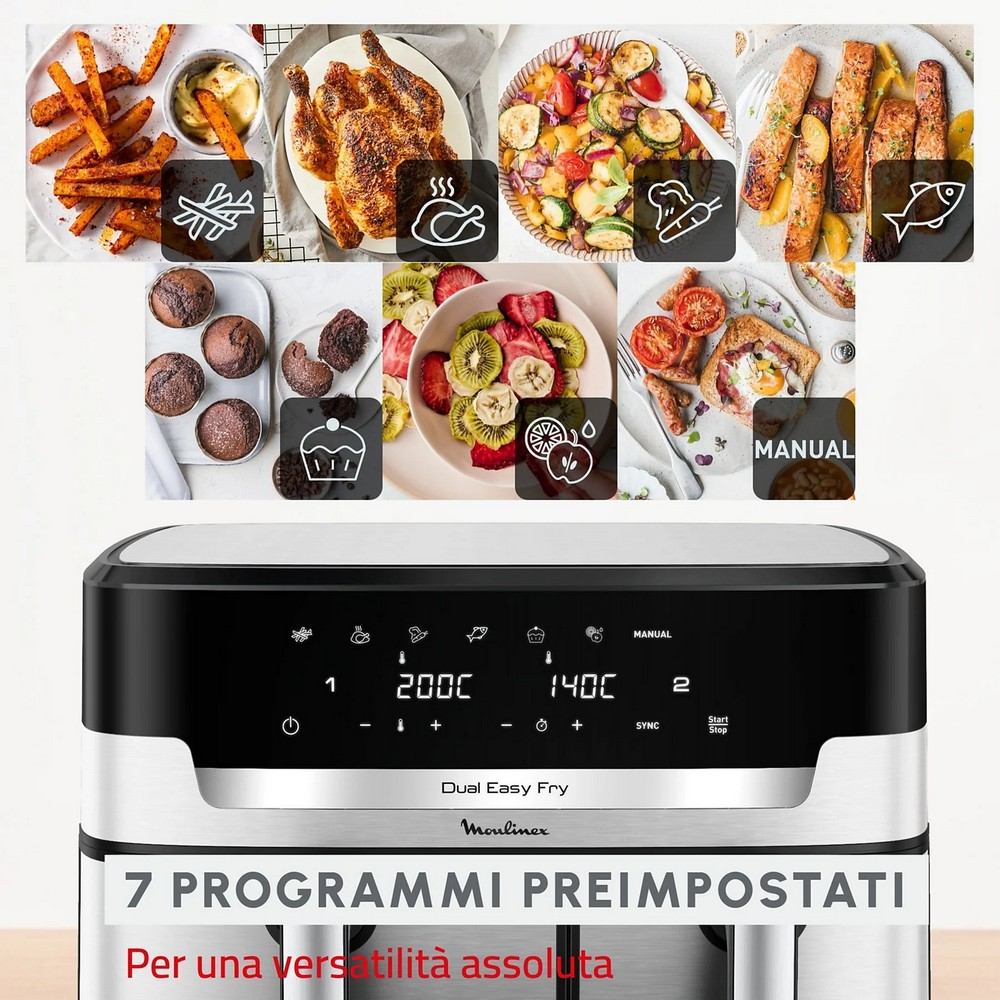Una freidora de aire con imágenes de comida. Tiene una pantalla digital y dice '7 programmi preimpostati'.
