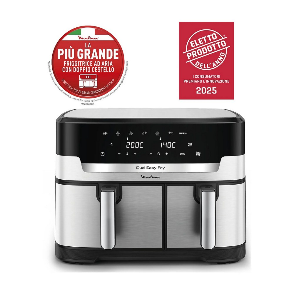 Una freidora de aire Moulinex Dual Easy Fry. Tiene dos compartimentos, una pantalla digital y el texto 'Eletto prodotto dell'anno 2025'.