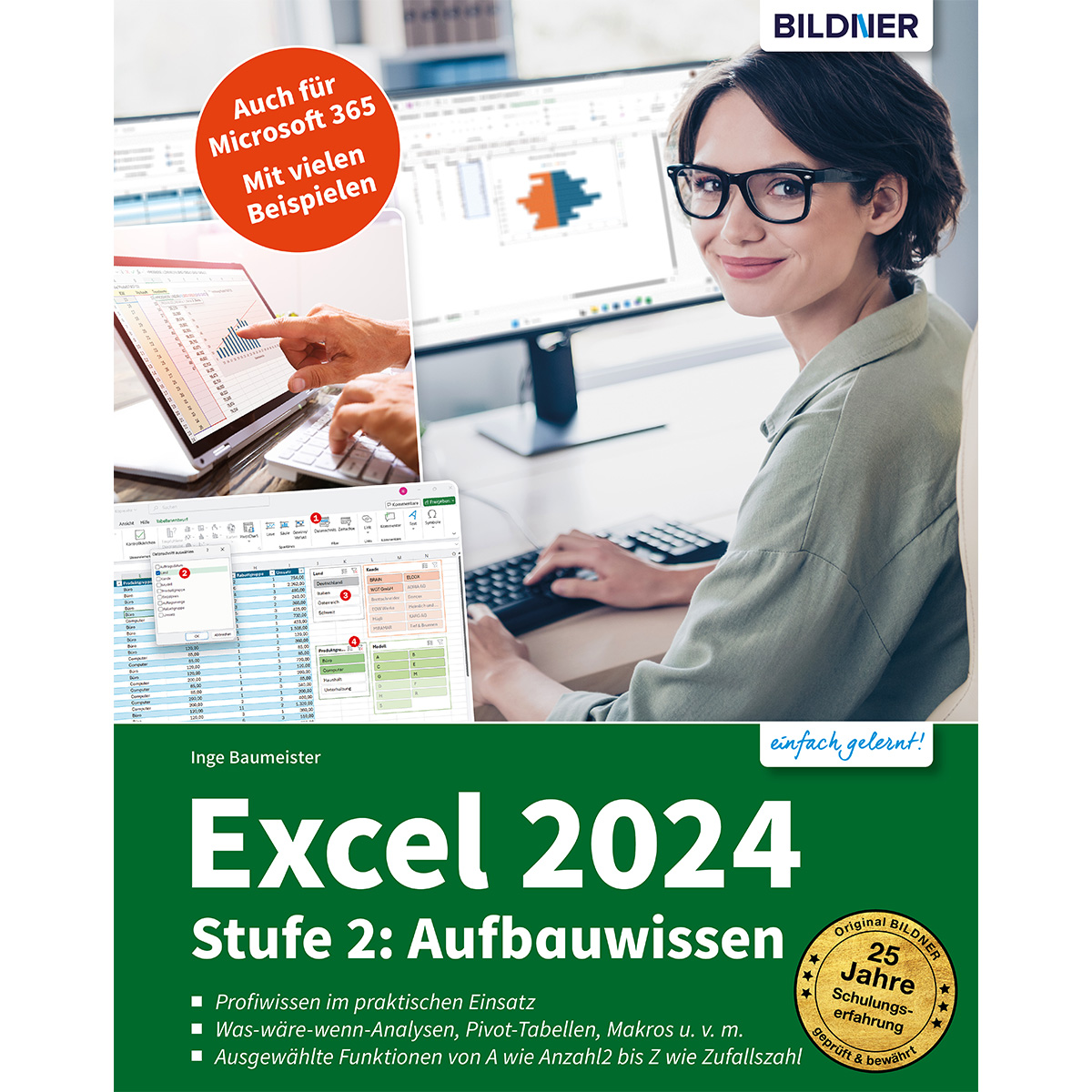 Eine lächelnde Frau mit Brille, die einen Computer benutzt. Das Buchcover zeigt Excel 2024, Stufe 2, mit Beispielen für Microsoft 365.