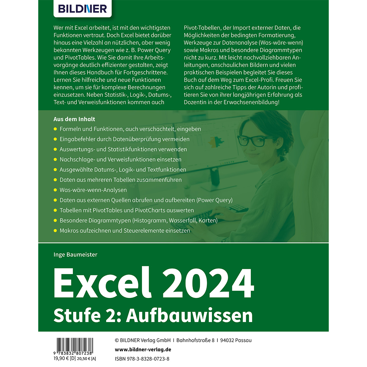 Buchcover: Excel 2024, Stufe 2, grüner Hintergrund, Frau mit Brille, weißer Text.