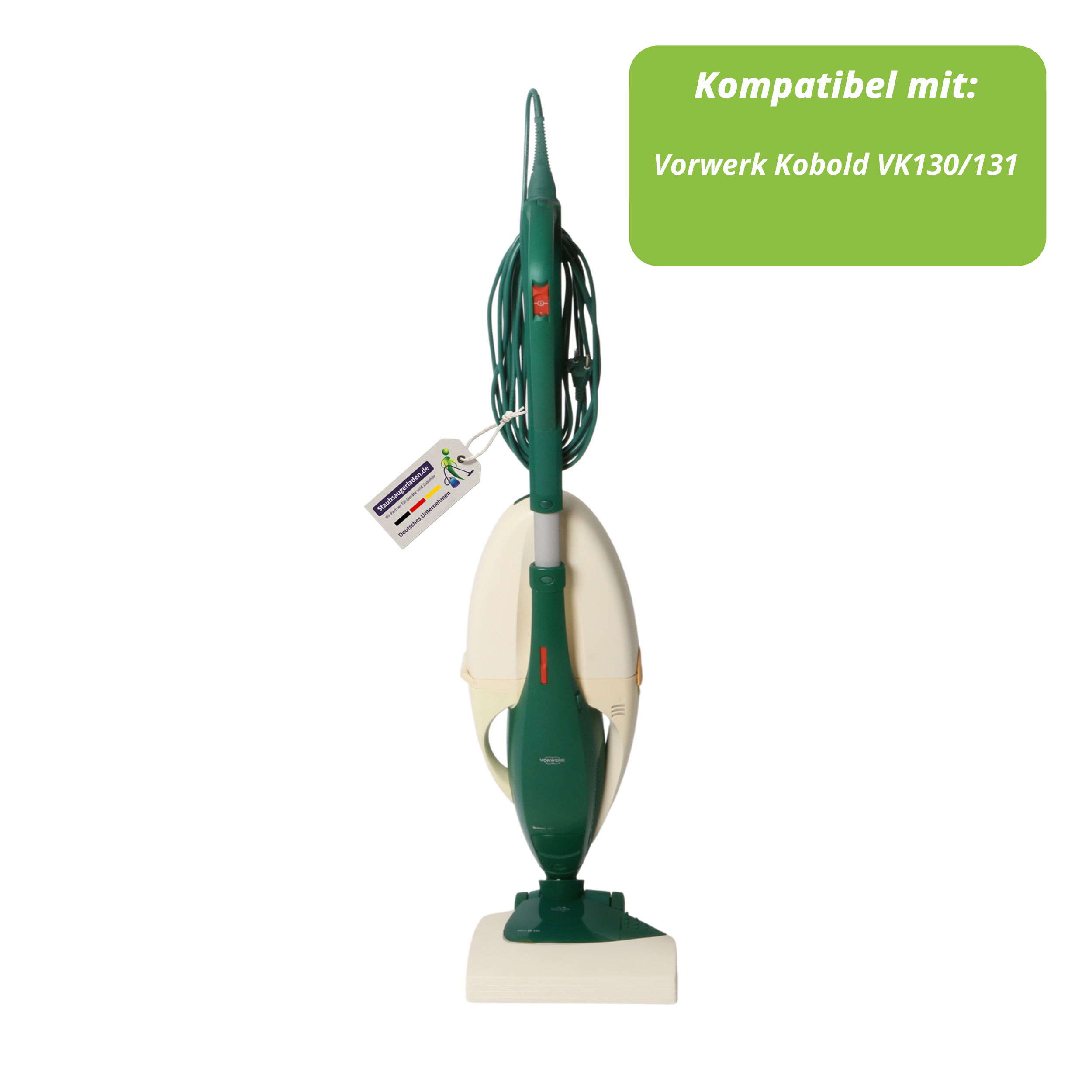 Ein grüner und cremefarbener Staubsauger mit einem Etikett. Ein grünes Banner sagt 'Kompatibel mit: Vorwerk Kobold VK130/131'.