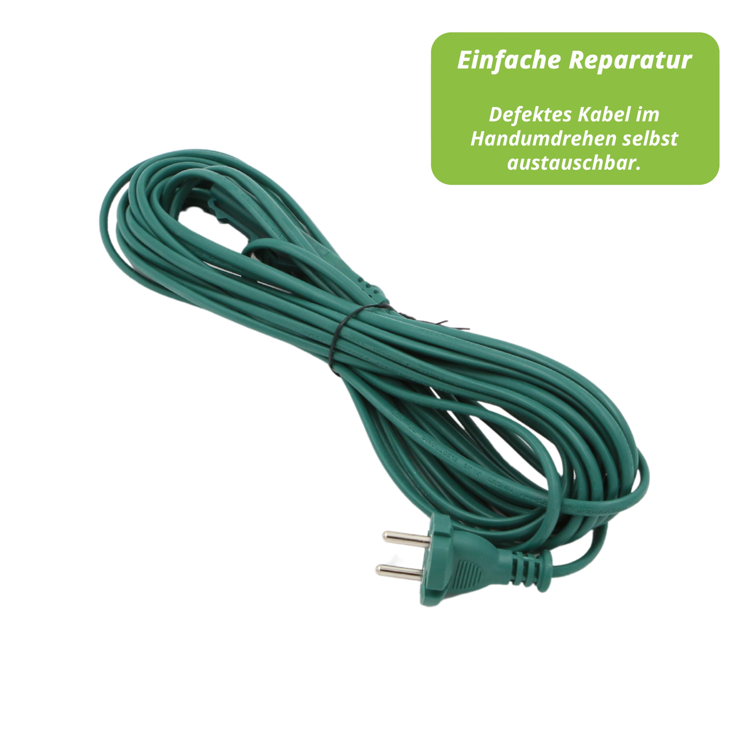Ein grünes Netzkabel mit Stecker ist aufgerollt. Eine grüne Box mit der Aufschrift 'Einfache Reparatur' und Text.